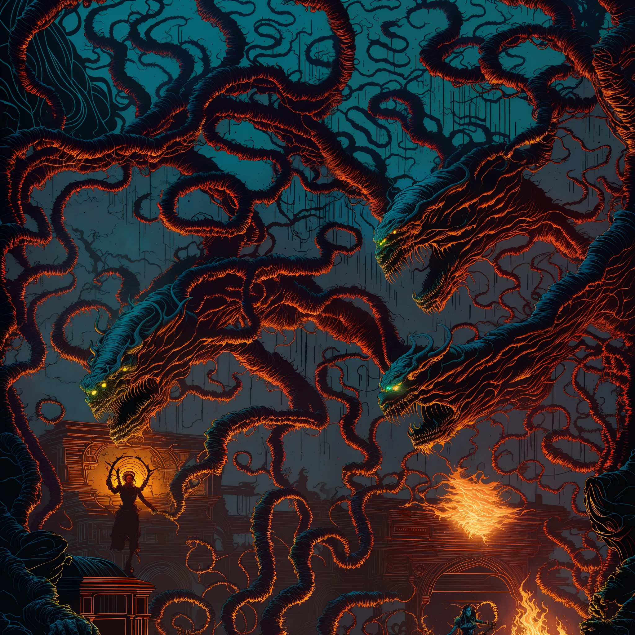 (dan mumford:1.3) cinematic style, demon eating hearth, creeping death fallowing her,, (correct anatomy:1.2), (nsfw:0.9), cosmic horror lovecraft colors.
