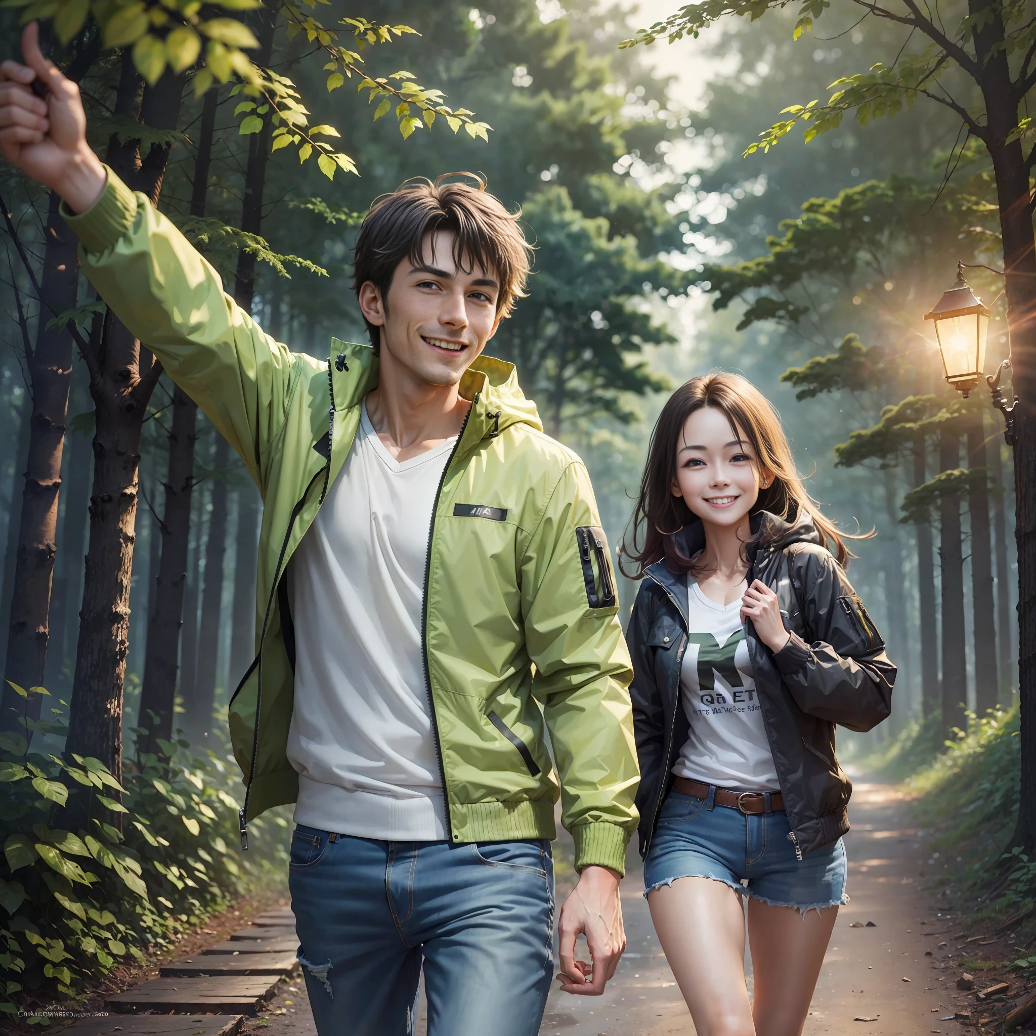 ((((Medium shot))), couple, (a man and a woman), two individuals, deep forest, adventure, frolic, hitting, sweet, happiness, smile, storm jacket, sweater, jeans, happy, pretty eyes, playful, surrealism, pov, romanticism, cinematic lighting, 8K, UHD, masterpiece, ccurate, anatomically correct, textured skin, high detail, high quality, high resolution, award-winning, best quality, 16K, bad body, bad hands, bad legs.