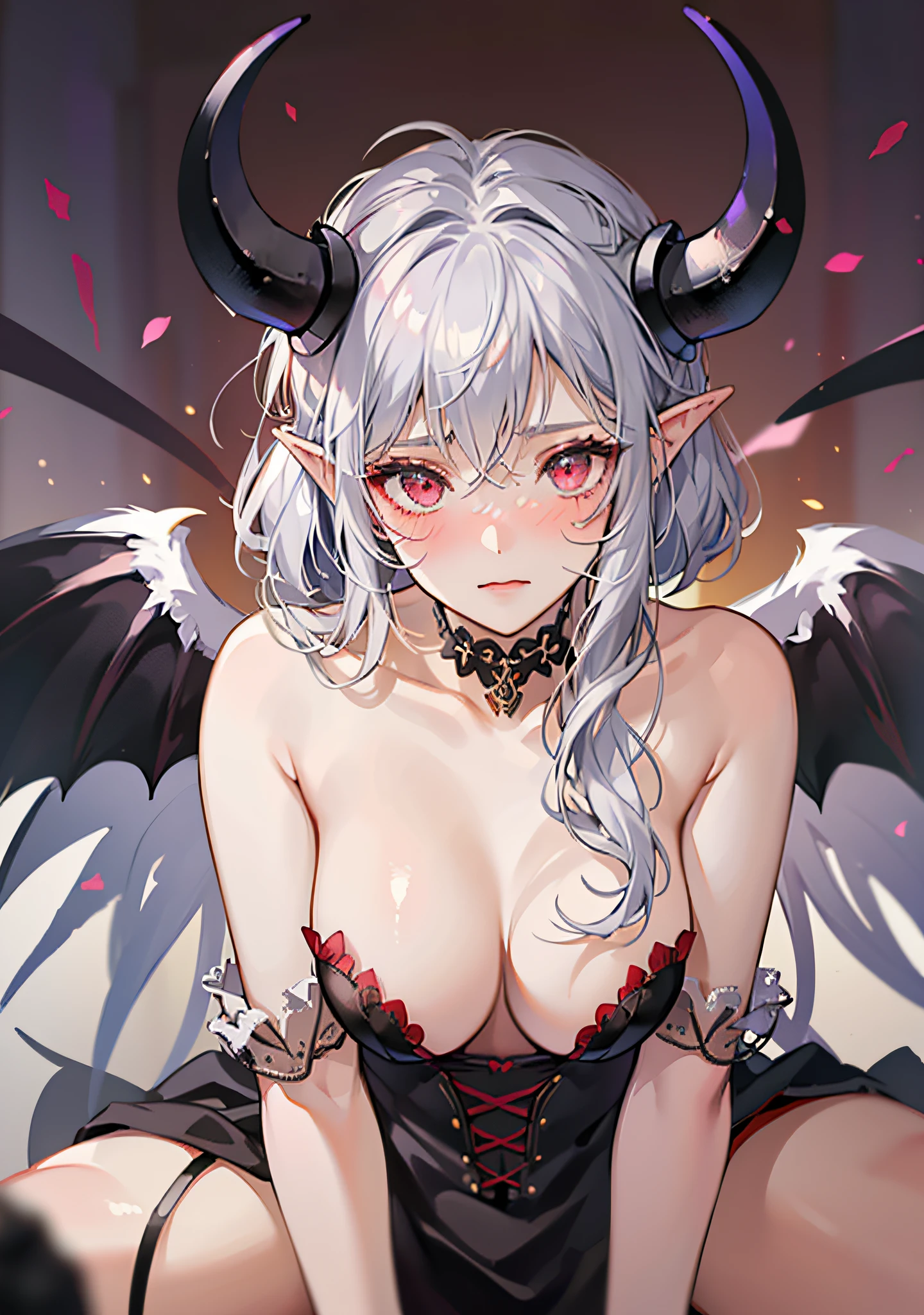 Best Quality, A Girl, Blushing Face, Succubus, Elf, Eye rolling, Kneeling Position, Begging Eyes, Silver Hair, Red Eyes, Big Tits, Erotic Lingerie, Devil Wings, NSFW, Nude