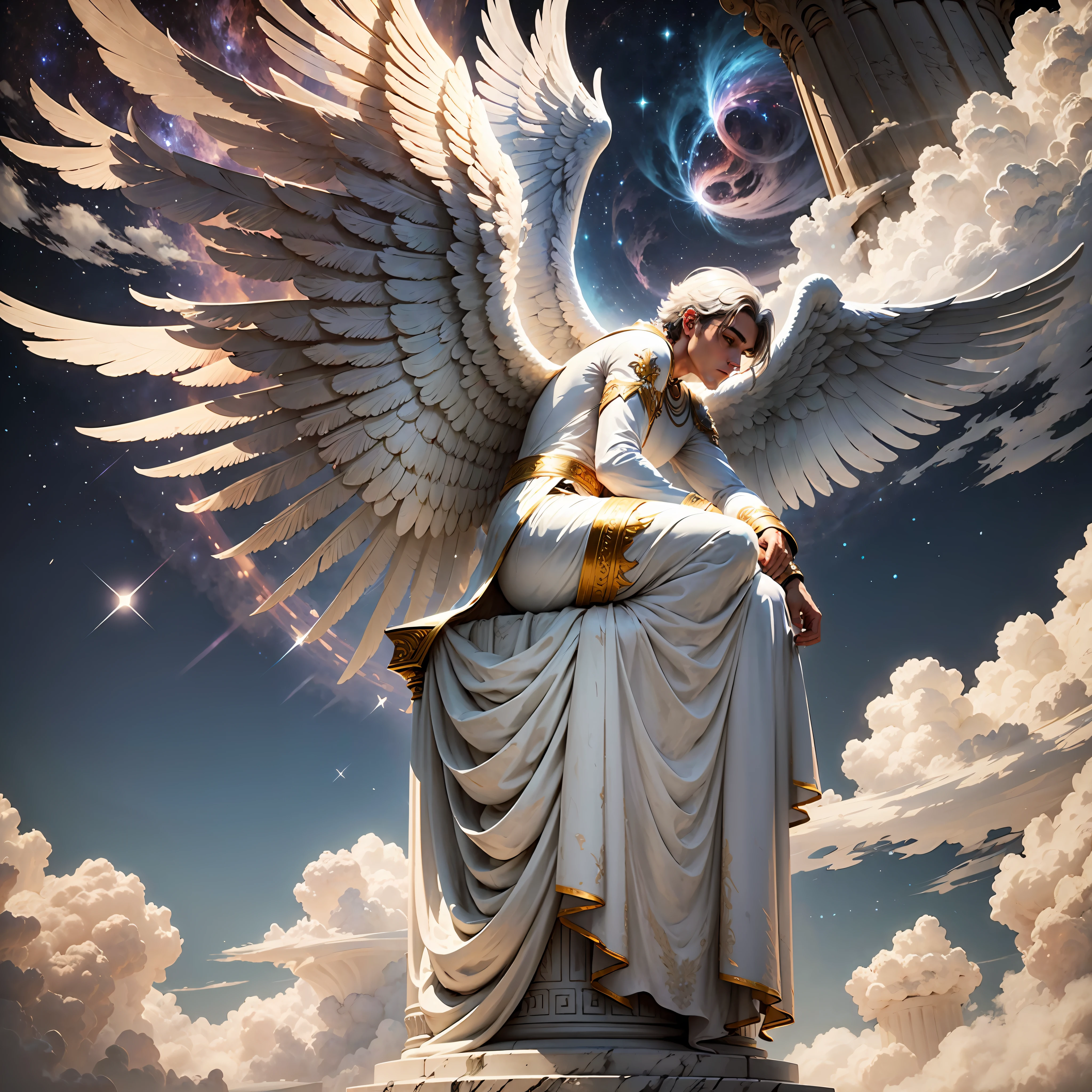 A man with angel's wings, on top of a Greek column surrounded by mist, with the universe in the background... --auto --s2