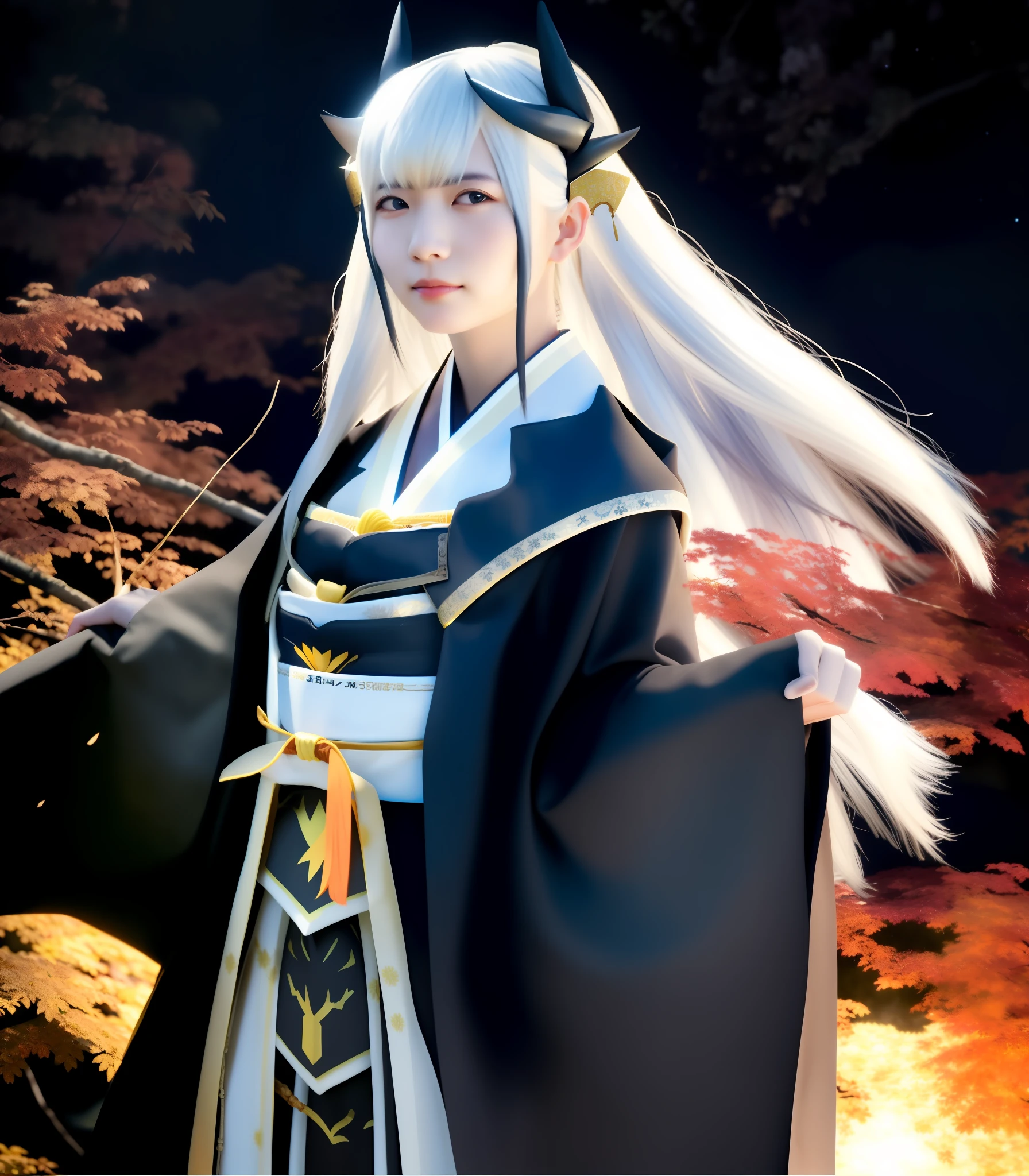 (8K, highest quality, masterpiece: 1.2), (realistic, photorealistic: 1.37), ultra detailed, (masterpiece, highest quality, high definition),
Berserker 3, Black Kimono, 1 Girl, Solo, Longhair, Hand Fan, Horn, Japanese Clothing, Kimono, ,Silver Hair,Smile, Look at Beholder, Hug, Hug Fan, White Hair, Wide Sleeve, Super Long Hair, Embers, Ryu Kaku, Sash, Fan, Long Sleeve, Hair Ornament, Obi, Cowboy Shot, Bangs