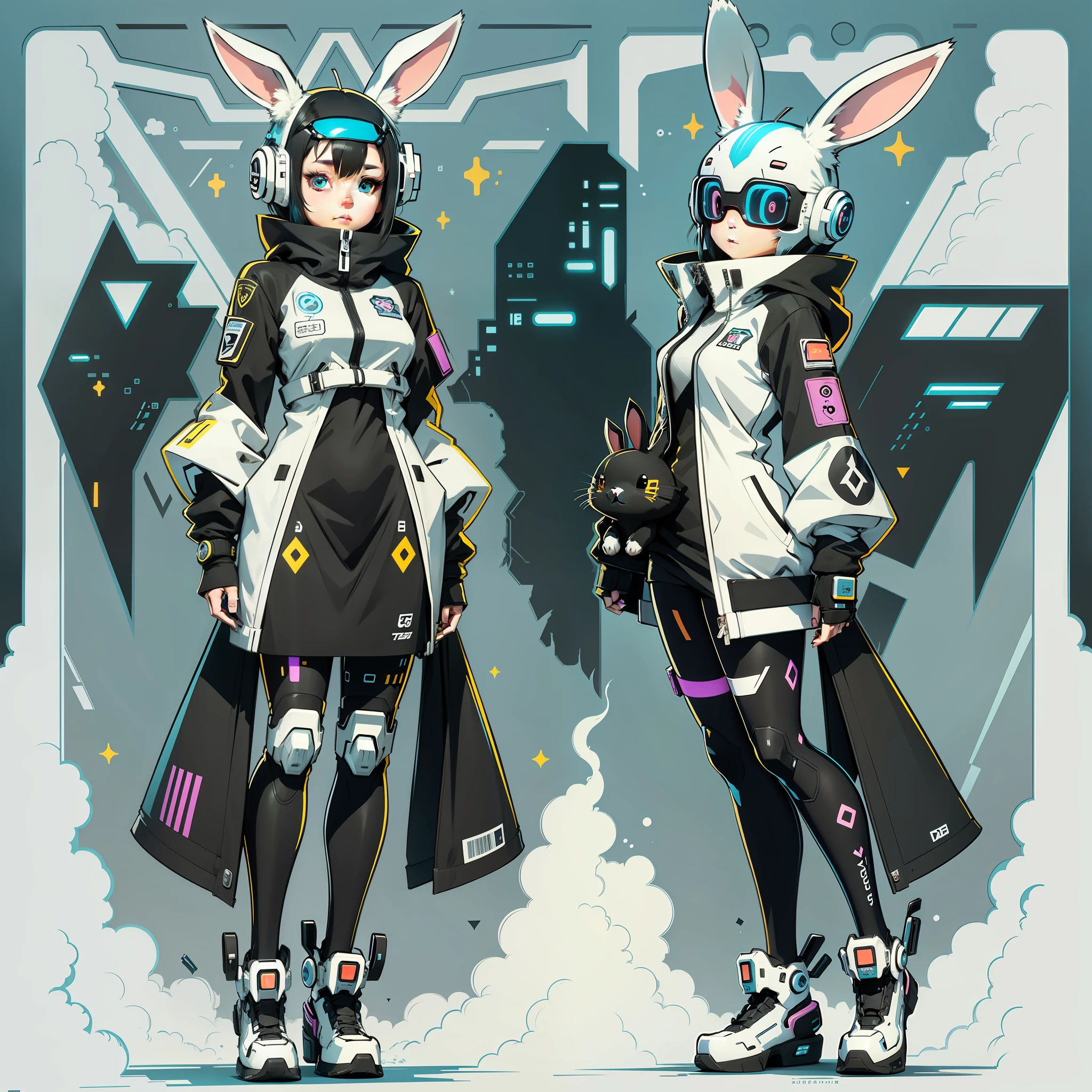 Cartoon animal design, flat style cute rabbit full body photo, simple but not lost sense of design, fresh flat style, cyberpunk elements are applied freely, the front view presents a charming cute posture, and the feet hang down in a cute posture