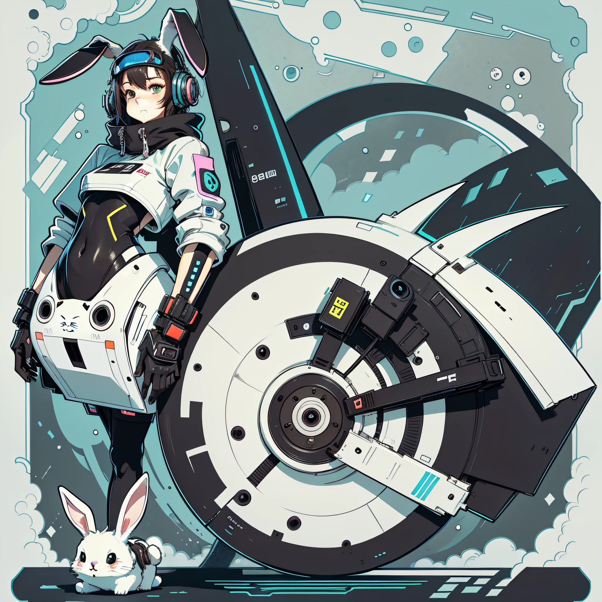 Cartoon animal design, flat style cute rabbit full body photo, simple but not lost sense of design, fresh flat style, cyberpunk elements are applied freely, the front view presents a charming cute posture, and the feet hang down in a cute posture