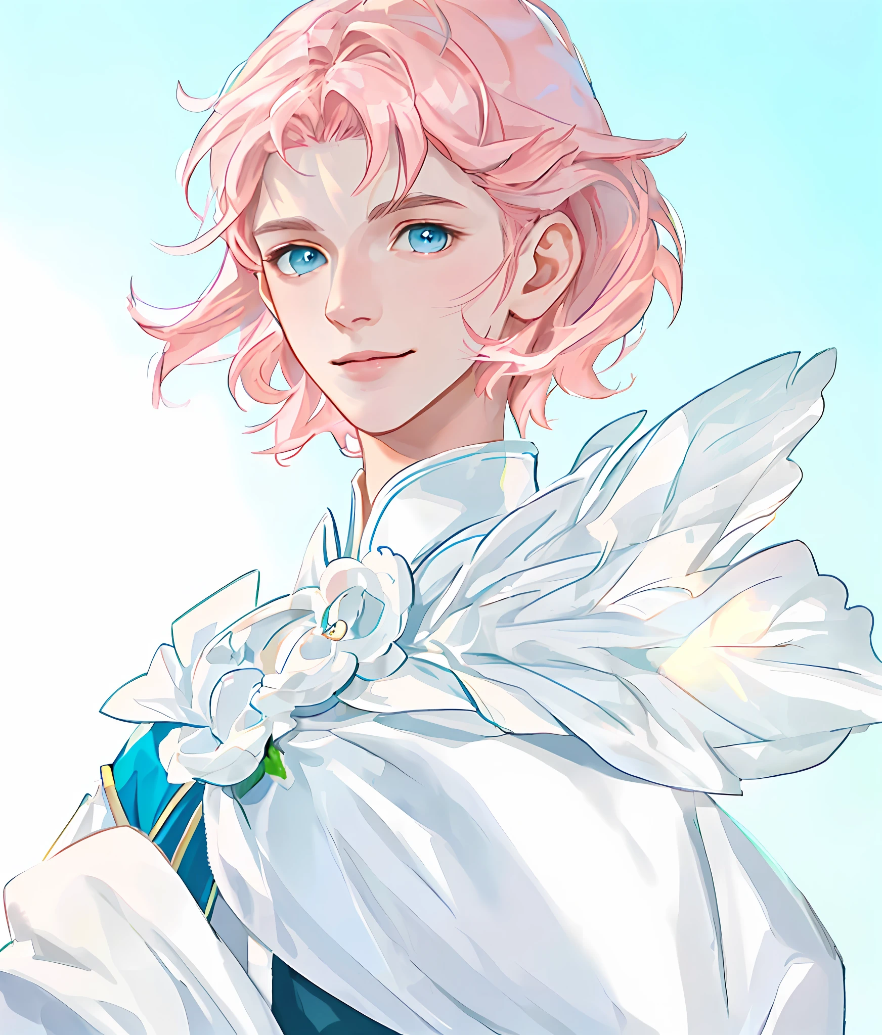 Best image quality, 4k, masterpiece, teenage male, white and tender skin, short pink hair, blue eyes, green and slightly mature, cute and soft, young, godly eyes, exquisite hair, look at the lens, face focus, smile, delicate facial features, front lighting, front light source, portraiture, face magnification, face close-up, above the shoulder, cute feeling, excellent posture to capture the sight, portrait painting effect, hand bouquet