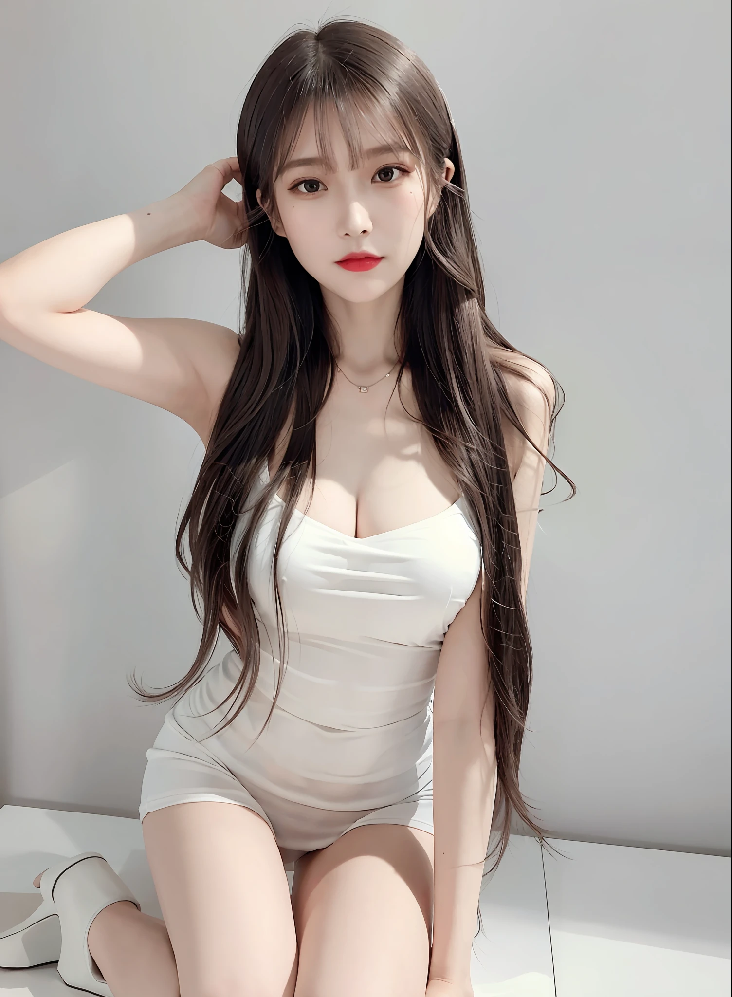 best quality ,masterpiece, illustration, an extremely delicate and beautiful, extremely detailed ,CG ,unity ,8k wallpaper,absurdres, huge filesize,very wide shot,soft lighting,contre_jour,in office, 1girl,solo,sexy,cute,light smile, long hair,sidelocks,lipstick,long eye lashes,beactiful detailed eyes,middle breasts,white dress,Camisole dress,long legs,beautiful legs,high heels,standing,full body,photo by Fujifilm X-T3,