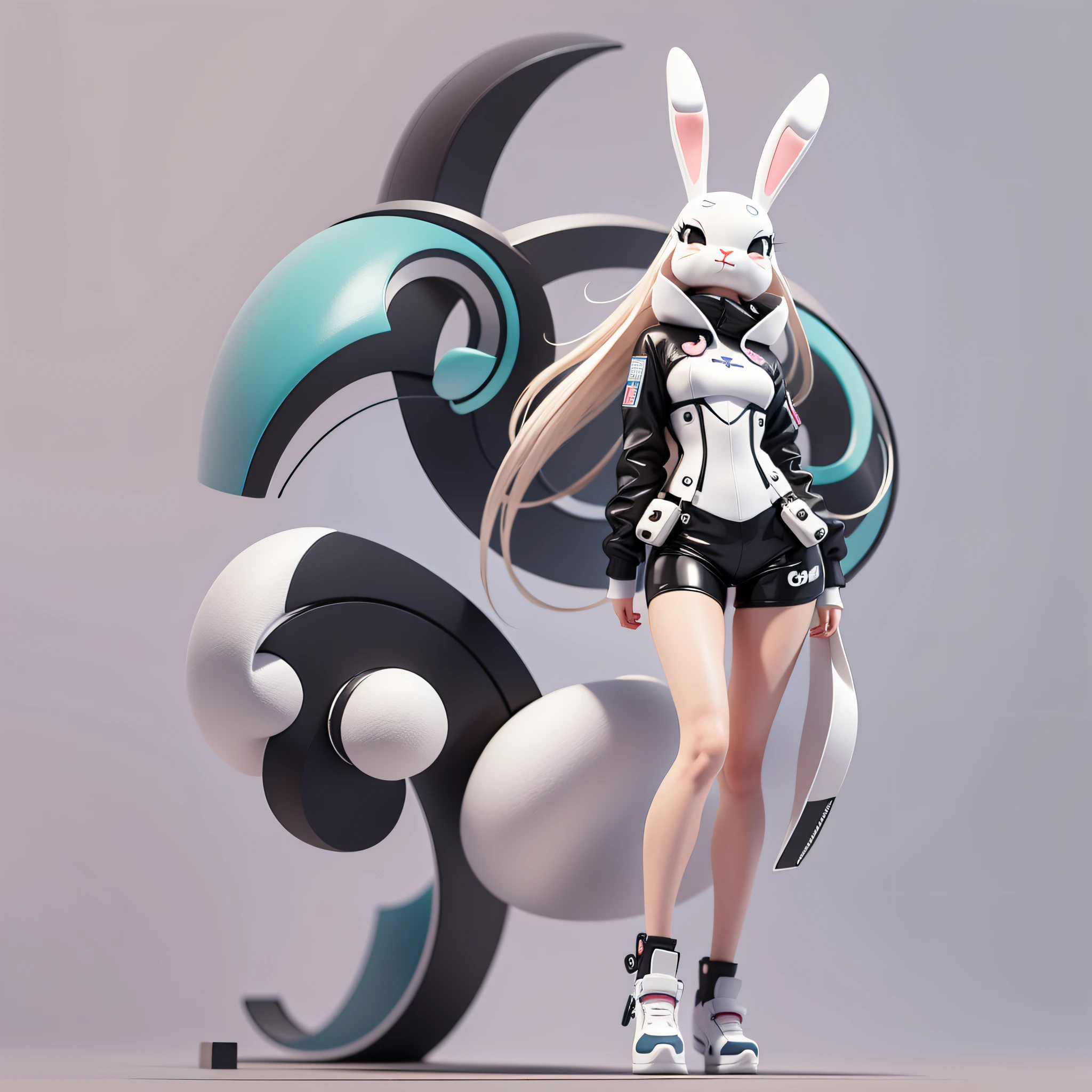 Cartoon animal design, flat style cute rabbit full body photo, simple but not lost sense of design, fresh flat style, cyberpunk elements are applied freely, the front view presents a charming cute posture, and the feet hang down in a cute posture