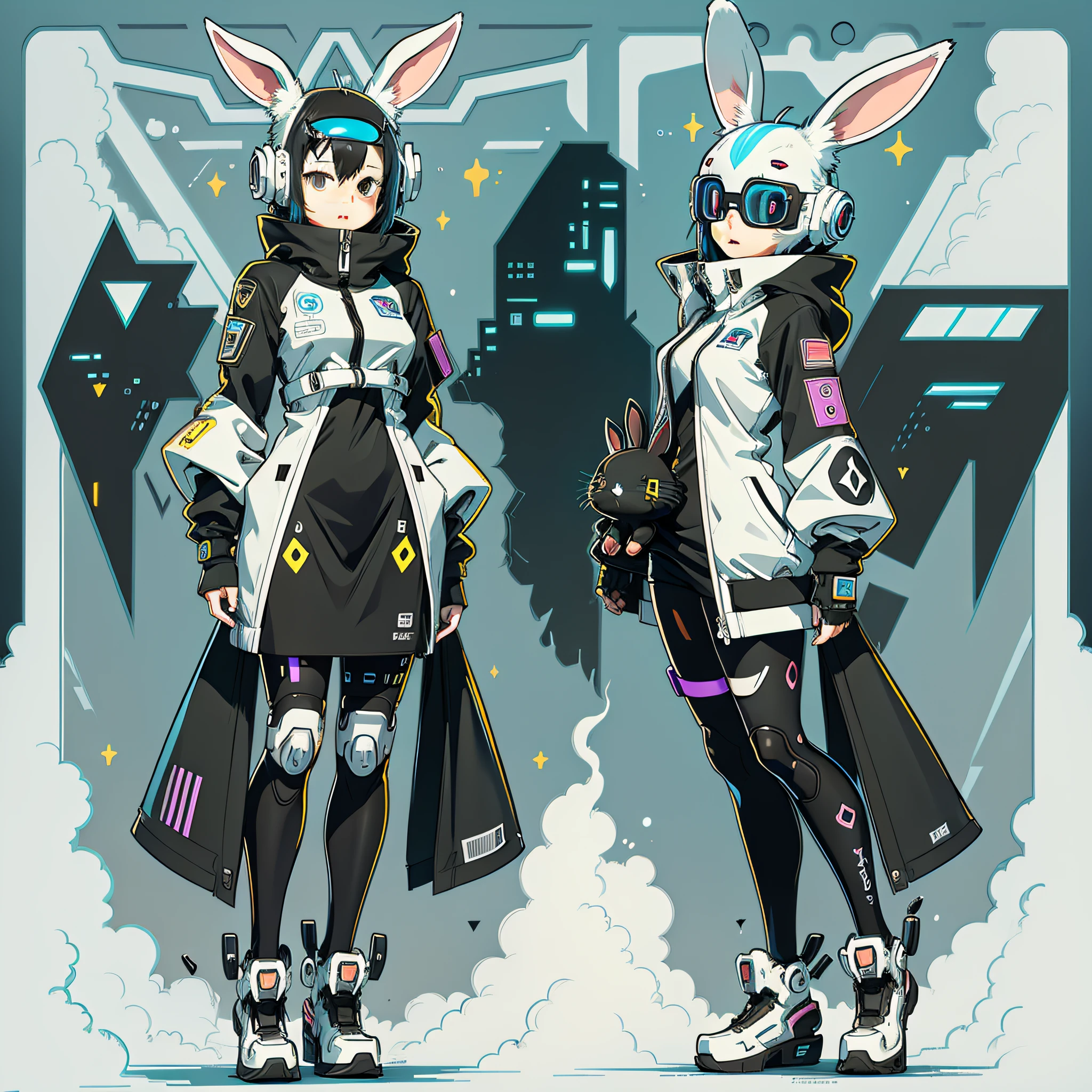 Cartoon animal design, flat style cute rabbit full body photo, simple but not lost sense of design, fresh flat style, cyberpunk elements are applied freely, the front view presents a charming cute posture, and the feet hang down in a cute posture