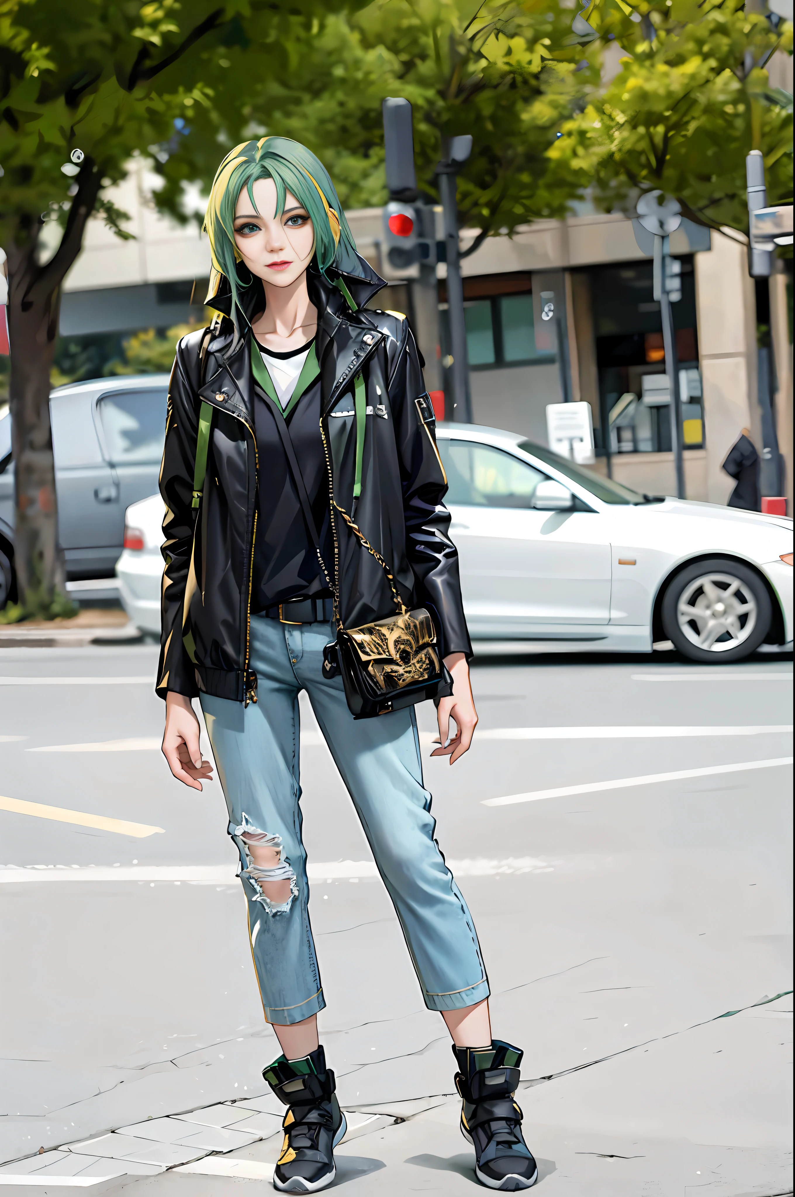 girl, vertical painting, natural light, global light, front view, fashion, gold dragon pattern, pattern, clothing, headset, zipper, buttons, pattern, logo, pleats, belt, sophisticated, generate more details, light green hair, dark green vest, light green t-shirt, black shorts, sneakers, black backpack, modern, anime style, anime, modern, futuristic, first-person perspective, panorama, concept art, uhd, masterpiece, ccurate, textured skin, super detail, high detail, high quality, Best quality, high resolution, no background, white background
