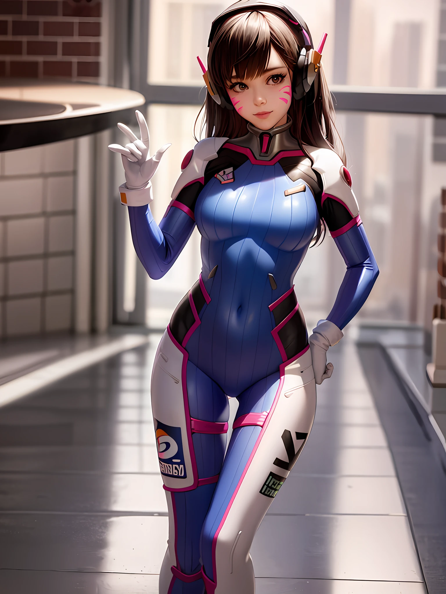 (masterpiece), (best quality),blue_bodysuit, 1girl, d.va_\(overwatch\),  animal_print, bangs, bodysuit, bracer, medium_breasts,  brick_wall, brown_eyes, brown_hair, whisker_markings, bunny_print, pilot_suit, pink_lips, ribbed_bodysuit, character_name, checkered_background, clothes_writing, facepaint, gloves, headphones, high_collar, honeycomb_\(pattern\), honeycomb_background, lips, long_hair, looking_at_viewer,  solo, standing, swept_bangs, thigh_strap, tile_floor, tile_wall, tiles, turtleneck, white_footwear, white_gloves,pilot_suit,shoulder_armor, shoulder_pads, (kbxll:0.6),