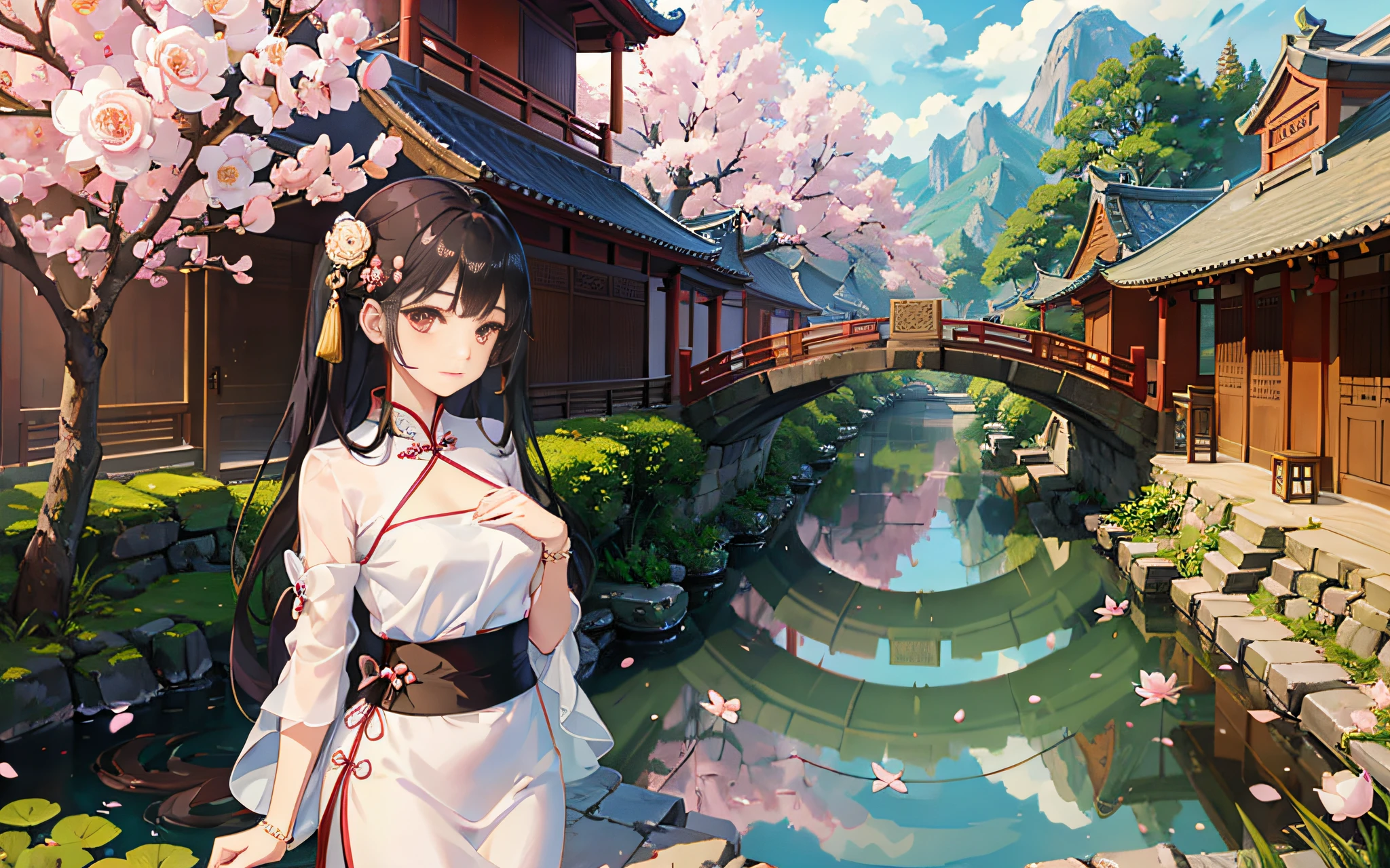 1 adorable Chinese-style girl, gentle and cute, rosy cheeks, almond-shaped eyes, delicate eyebrows, soft smile, flowing black hair, adorned with cherry blossom hairpin, wearing a qipao dress, floral pattern, silk fabric, fluttering sleeves, waistline adorned with a jade pendant, white silk ribbon tied in a bow, small decorative fan in hand, dainty lotus shoes, walking on a stone bridge over a tranquil pond, blooming peonies, traditional Chinese architecture in the background, hanging lanterns, peaceful atmosphere.