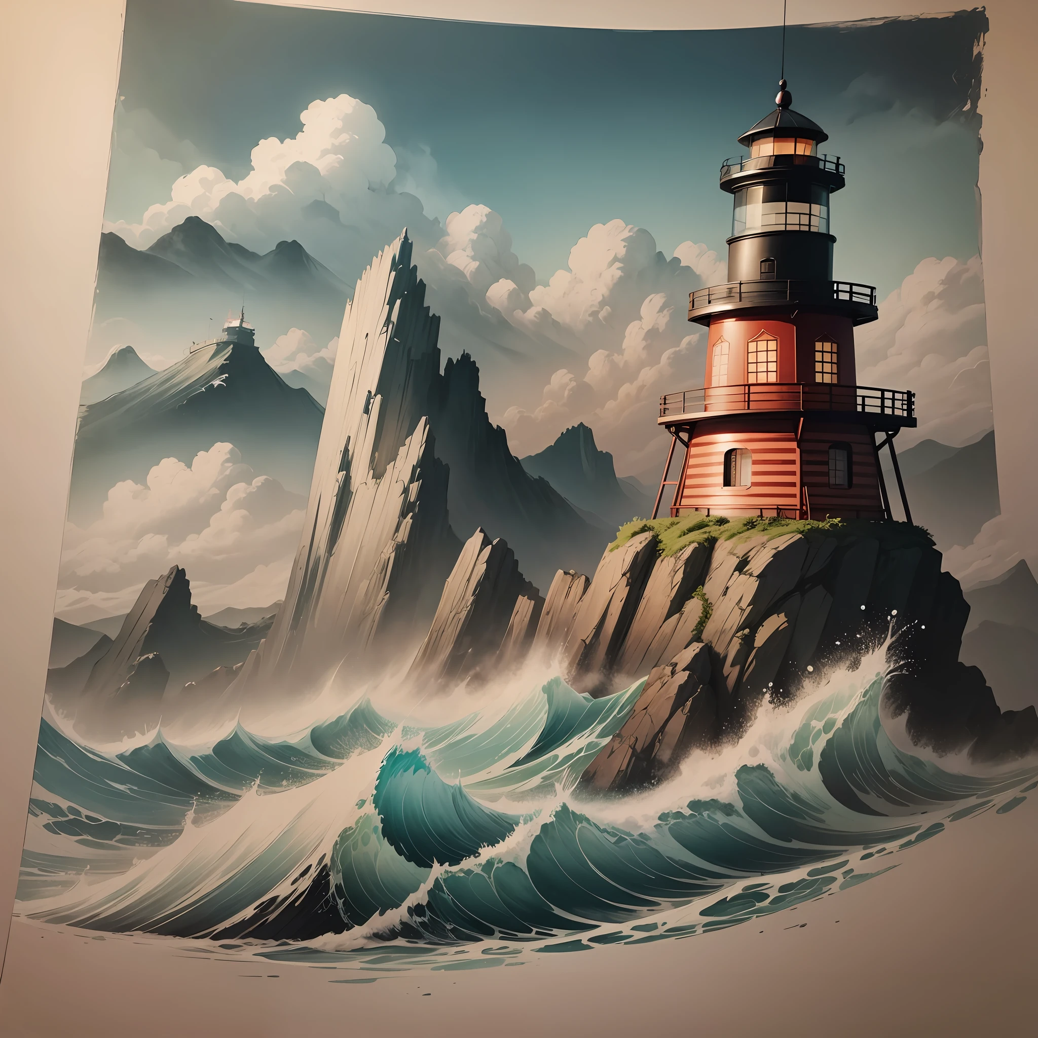 Chinese ink painting, sea, lighthouse --auto --s2