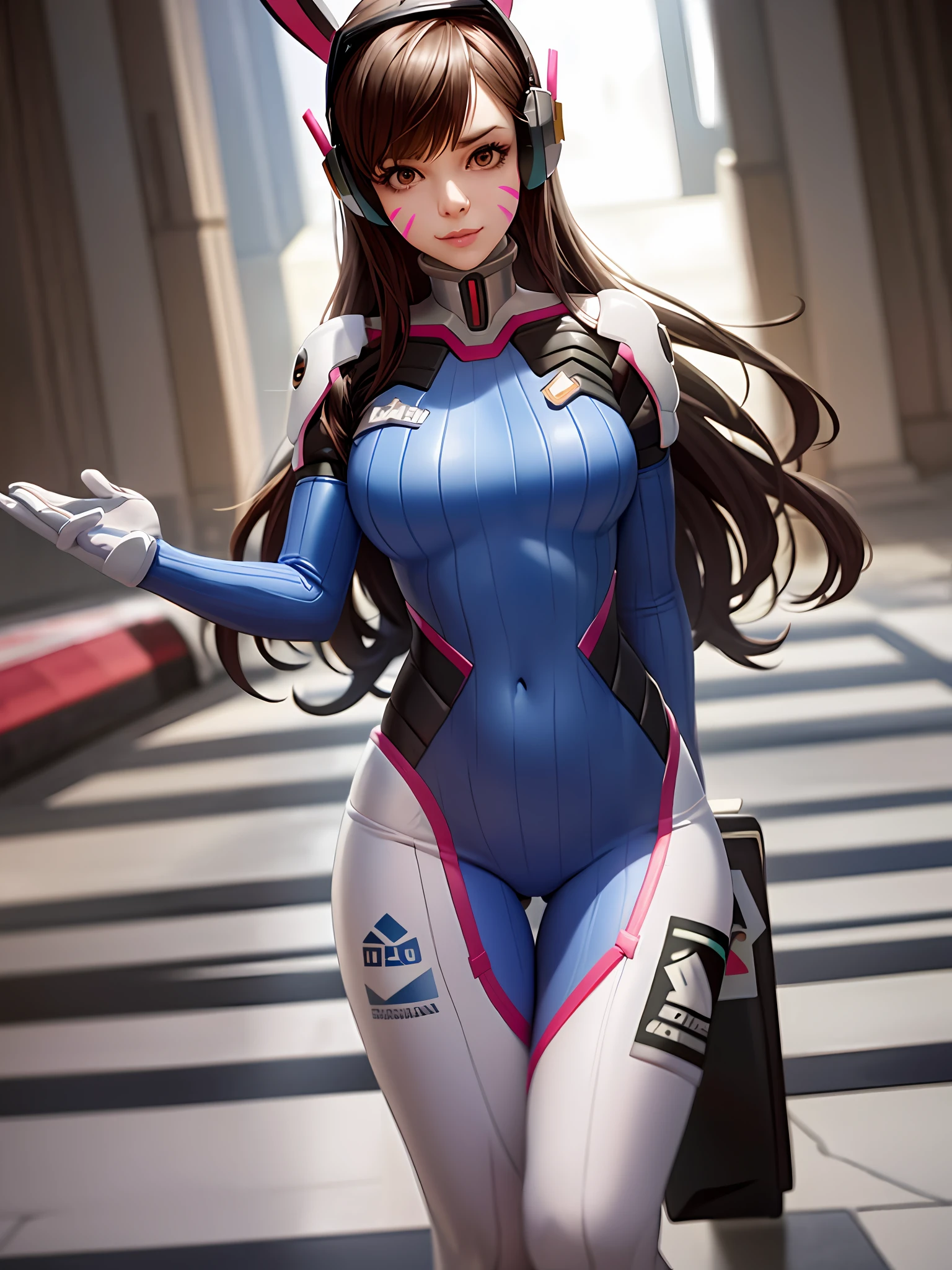 (masterpiece), (best quality),blue_bodysuit, 1girl, d.va_\(overwatch\),  animal_print, bangs, bodysuit, bracer, medium_breasts,  brick_wall, brown_eyes, brown_hair, whisker_markings, bunny_print, pilot_suit, pink_lips, ribbed_bodysuit, character_name, checkered_background, clothes_writing, facepaint, gloves, headphones, high_collar, honeycomb_\(pattern\), honeycomb_background, lips, long_hair, looking_at_viewer,  solo, standing, swept_bangs, thigh_strap, tile_floor, tile_wall, tiles, turtleneck, white_footwear, white_gloves,pilot_suit,shoulder_armor, shoulder_pads, (kbxll:0.6),