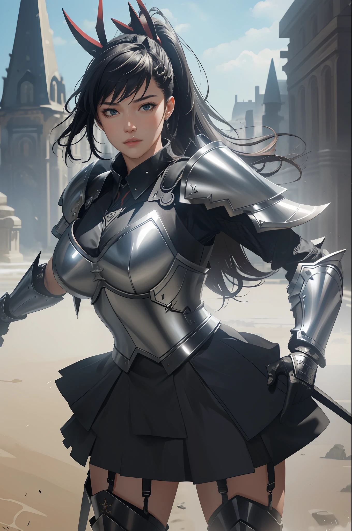 (masterpiece, best quality),  intricate details, 8k, artstation, wallpaper, official art, splash art, sharp focus, 
 1girl,     ha yuri zahard
 Parrley_armor, wearing Parrley_armor, (big bulky futuristic armor:1.3),  black armor, armored, pauldrons, gauntlets,