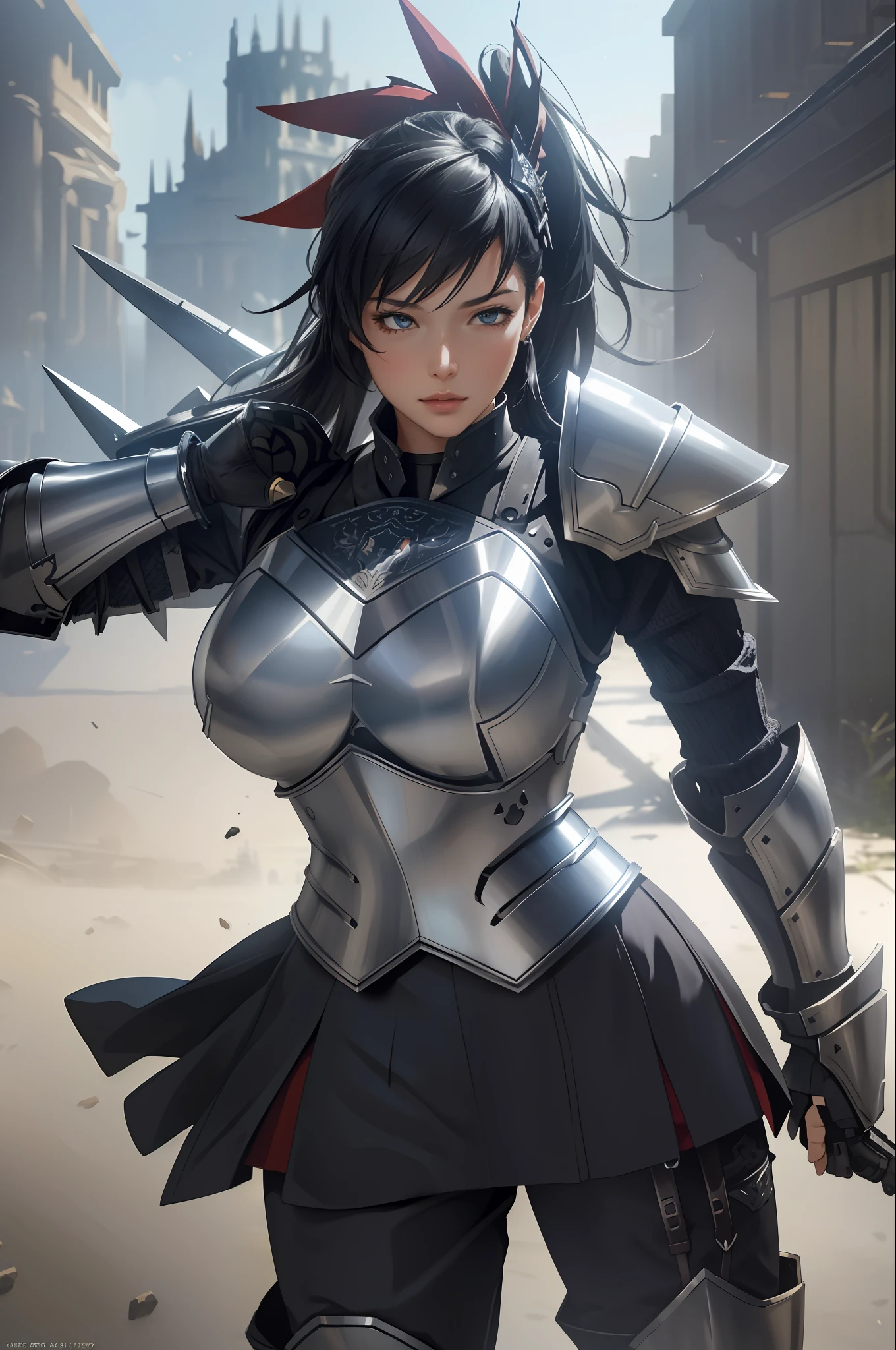 (masterpiece, best quality),  intricate details, 8k, artstation, wallpaper, official art, splash art, sharp focus, 
 1girl,     ha yuri zahard
 Parrley_armor, wearing Parrley_armor, (big bulky futuristic armor:1.3),  black armor, armored, pauldrons, gauntlets,