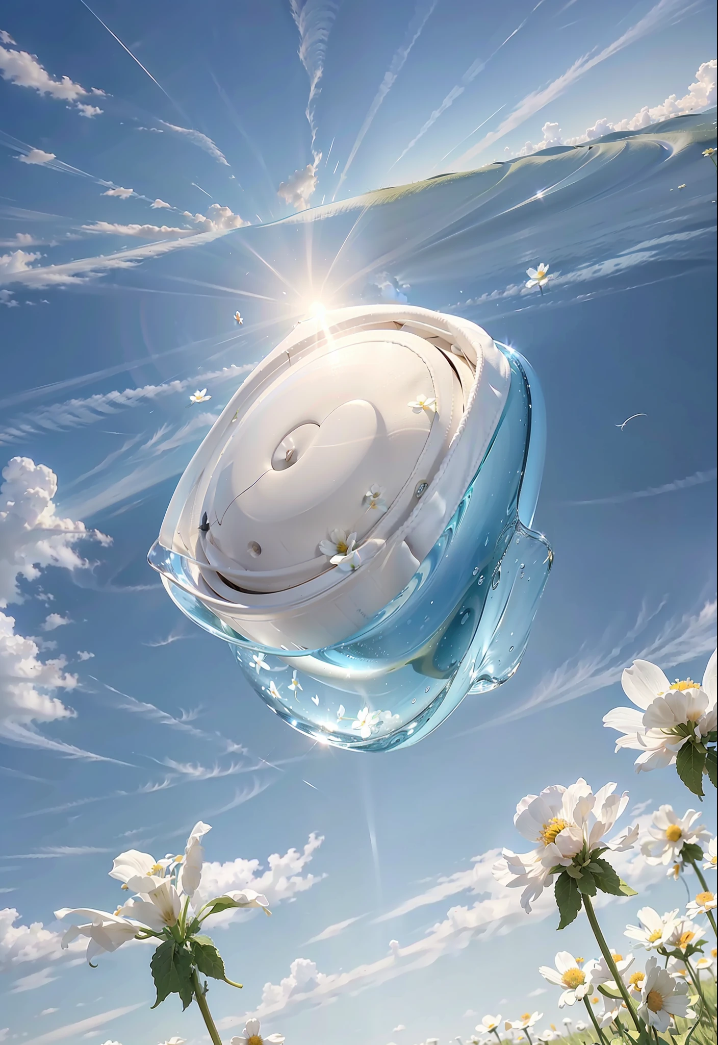 A milky white pan, summer prairie, meadow, a few small flowers, large clouds, blue sky, hot weather, HD detail, hyper-detail, cinematic, surrealism, soft light, deep field focus bokeh, ray tracing, and surrealism. --v 6