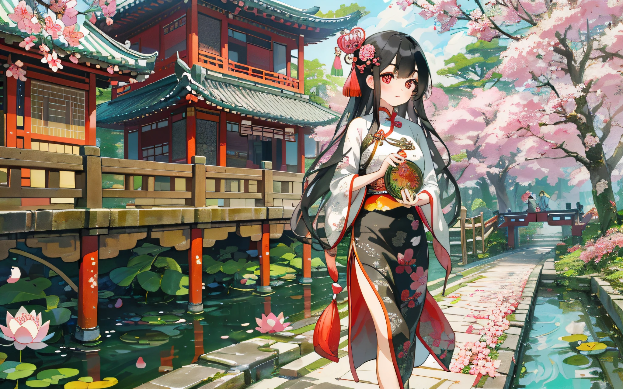1 adorable Chinese-style girl, gentle and cute, rosy cheeks, almond-shaped eyes, delicate eyebrows, soft smile, flowing black hair, adorned with cherry blossom hairpin, wearing a qipao dress, floral pattern, silk fabric, fluttering sleeves, waistline adorned with a jade pendant, white silk ribbon tied in a bow, small decorative fan in hand, dainty lotus shoes, walking on a stone bridge over a tranquil pond, blooming peonies, traditional Chinese architecture in the background, hanging lanterns, peaceful atmosphere.