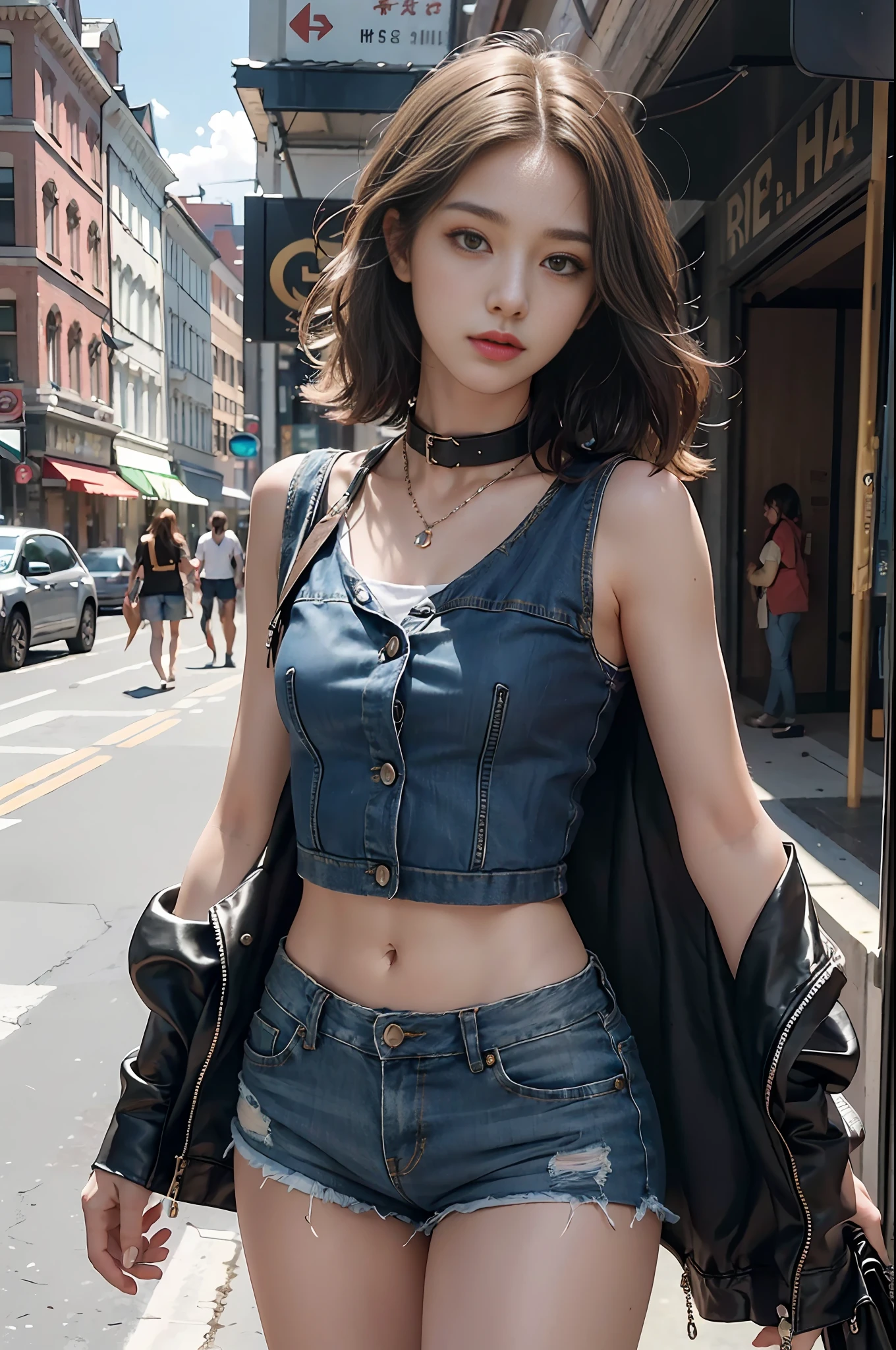 ((medium chest, tomboy, small head)), (well-defined abs: 1.1), (perfect body: 1.1), (short wavy hair: 1.2), russet hair, collar, chain, full body photo, crowded streets, wearing black vest, denim jacket, ((shorts)), (extremely detailed CG 8k wallpaper), (extremely delicate and beautiful), (masterpiece), (best quality: 1.0), (super high resolution: 1.0), beautiful lighting, perfect lightning, realistic shadows, [high resolution ], delicate skin, ultra-detailed ((colorful)))