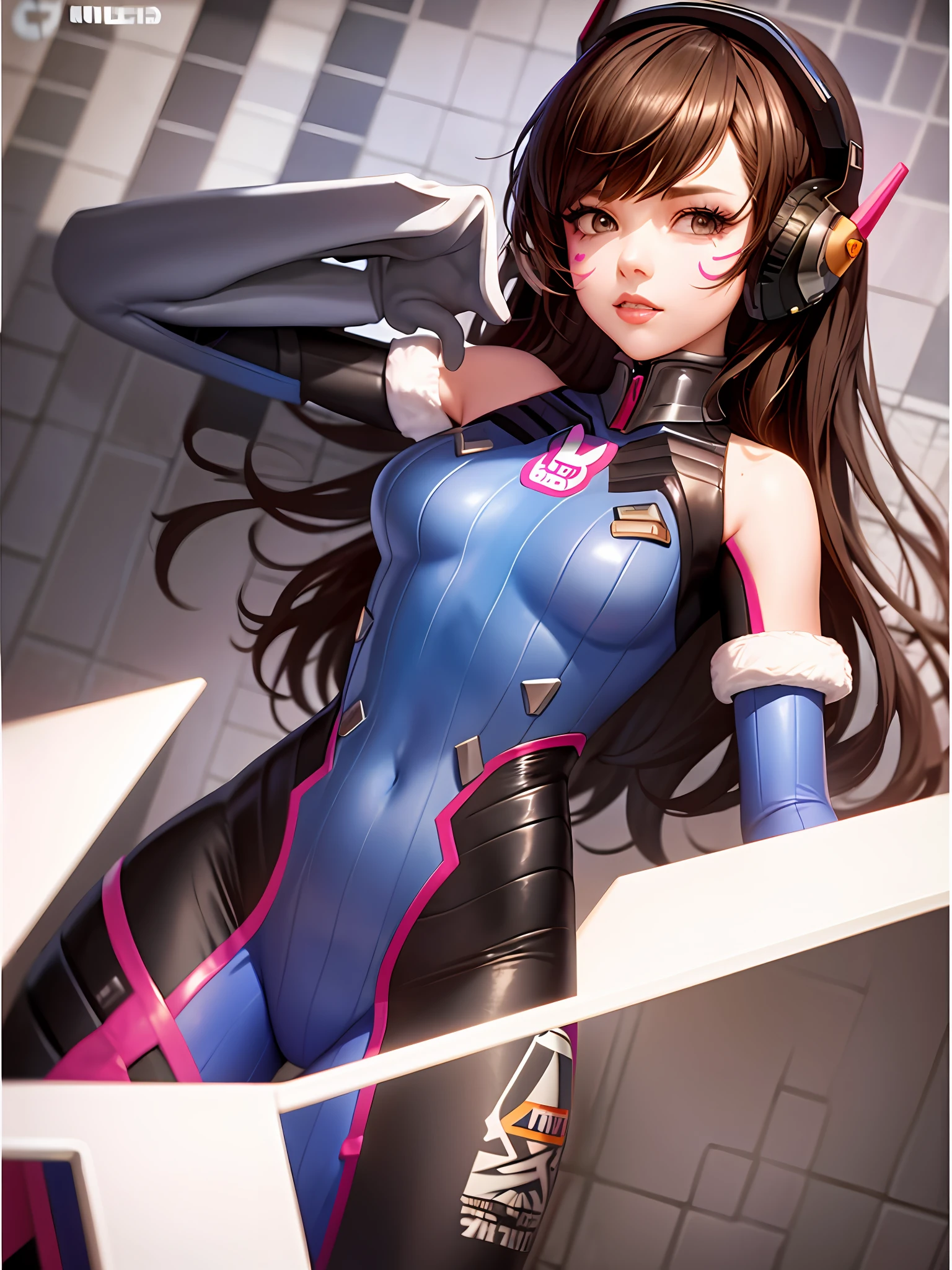 (masterpiece), (best quality),blue_bodysuit, 1girl, d.va_\(overwatch\), animal_print, bangs, bodysuit, bracer, medium_breasts, brick_wall, brown_eyes, brown_hair, whisker_markings, bunny_print, pilot_suit, pink_lips, ribbed_bodysuit, character_name, checkered_background, clothes_writing, facepaint, gloves, headphones, high_collar, honeycomb_\(pattern\), honeycomb_background, lips, long_hair, looking_at_viewer, solo, standing, swept_bangs, thigh_strap, tile_floor, tile_wall, tiles, turtleneck, white_footwear, white_gloves,pilot_suit,shoulder_armor, shoulder_pads, (kbxll:0.6),