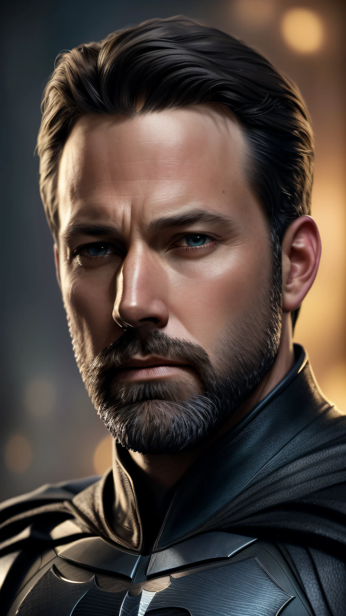 a close up of a man with a beard and a cape, highly detailed vfx portrait of, 8k portrait render, highly detailed vfx portrait, cinematic realistic portrait, portrait of ultra realistic, batman portrait, portrait of batman, superhero portrait, ben affleck, high quality portrait, character portrait closeup, close up portrait, realistic portrait photo, hyperrealistic image of x