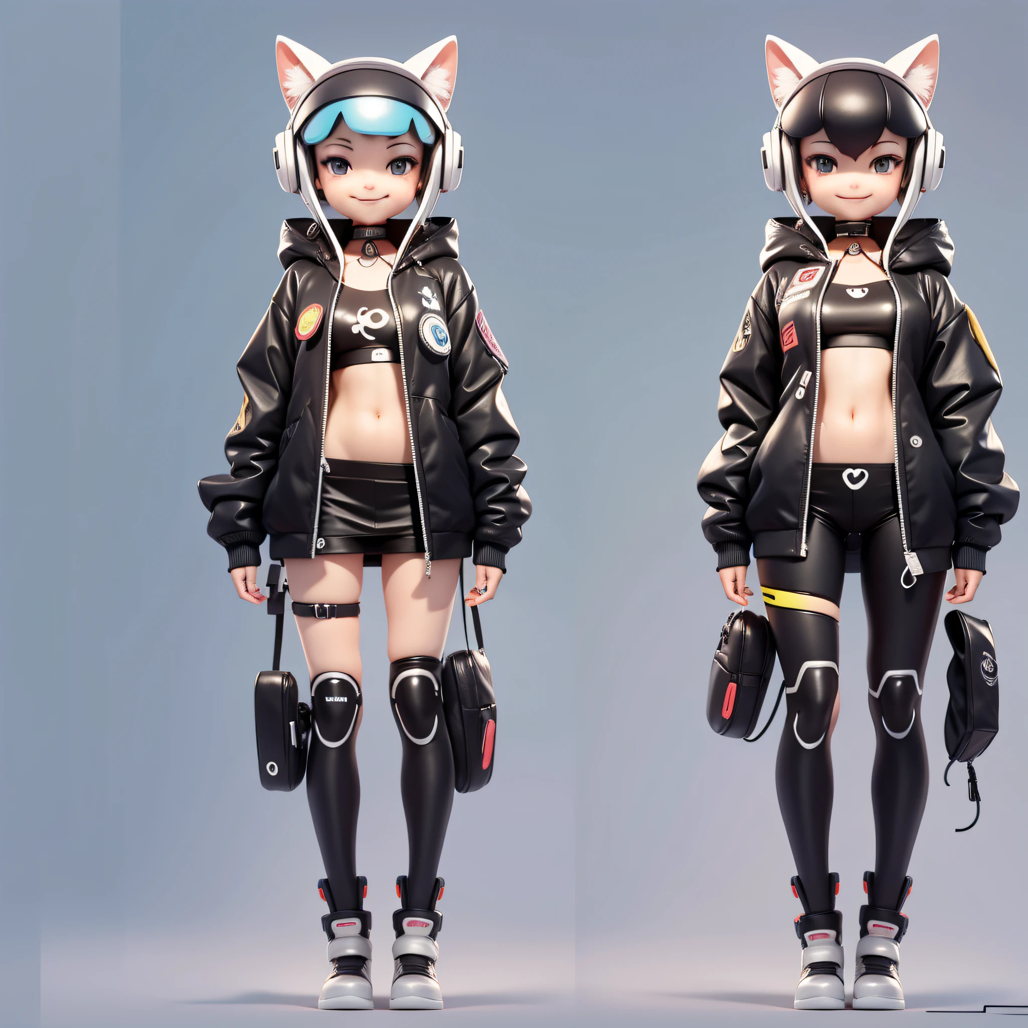 Cartoon animal design, full body photo of characters, simple but simple but design, optimistic, smiling, fresh flat style, cyberpunk elements are applied freely, the front view presents a charming cute posture, the feet hang down in a cute posture,