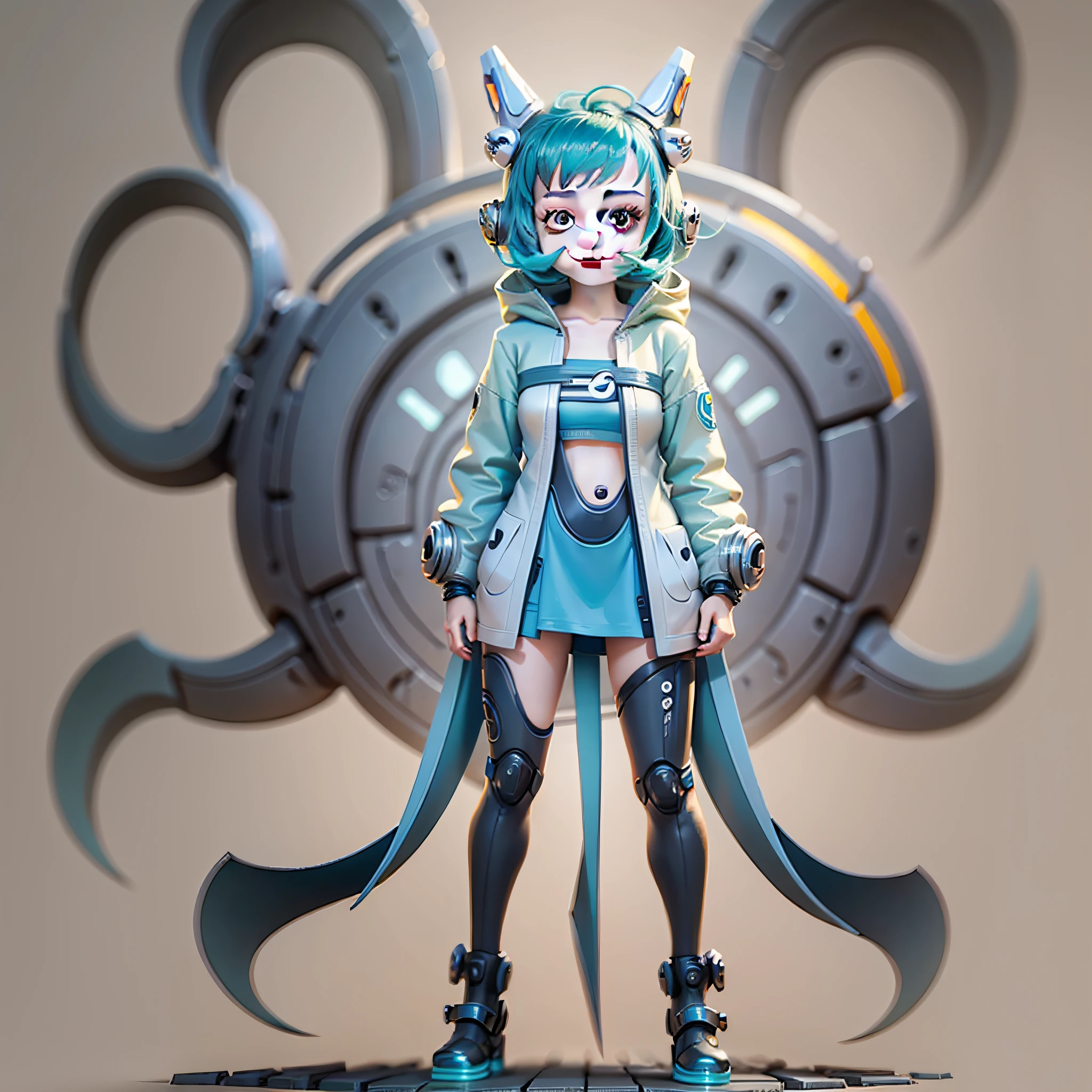 Cartoon animal design, full body photo of the character, simple but simple but design, optimistic, smiling, fresh flat style, cyberpunk elements are applied freely, the front view presents a charming cute posture, the feet drop down in a cute posture, little girl, cute