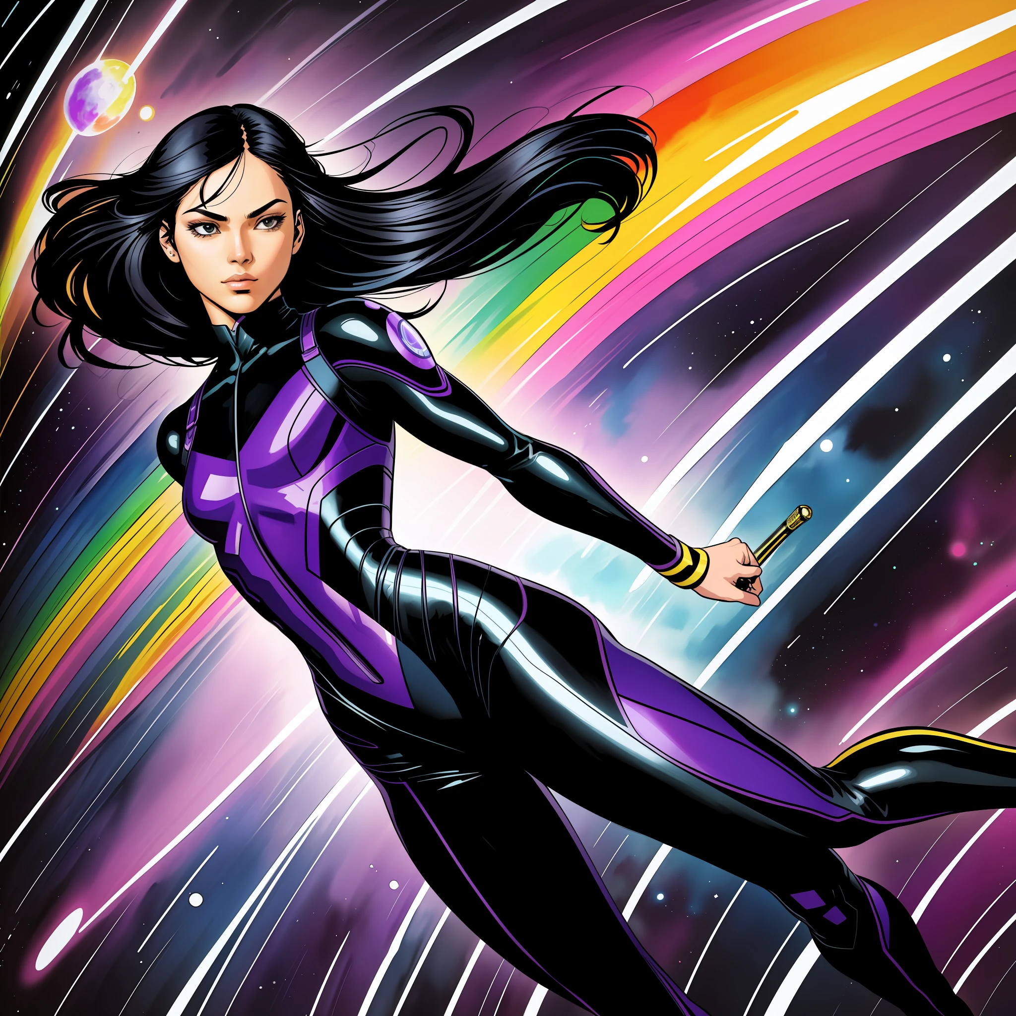 (comic style:1.3), (line art:1.5), (full body),(masterpiece, award winning, best quality:1.3), (flat color:1.3),(colorful:1.3), 1 girl ((solo)), floating in space long black hair (side part), small breasts, , wearing violet spandex bodysuit , watercolor painting, by Jim lee, cinematic, masterpiece, laboratory, detailed background, detailed material textures, serious, realistic 1.35, muscular 1.2