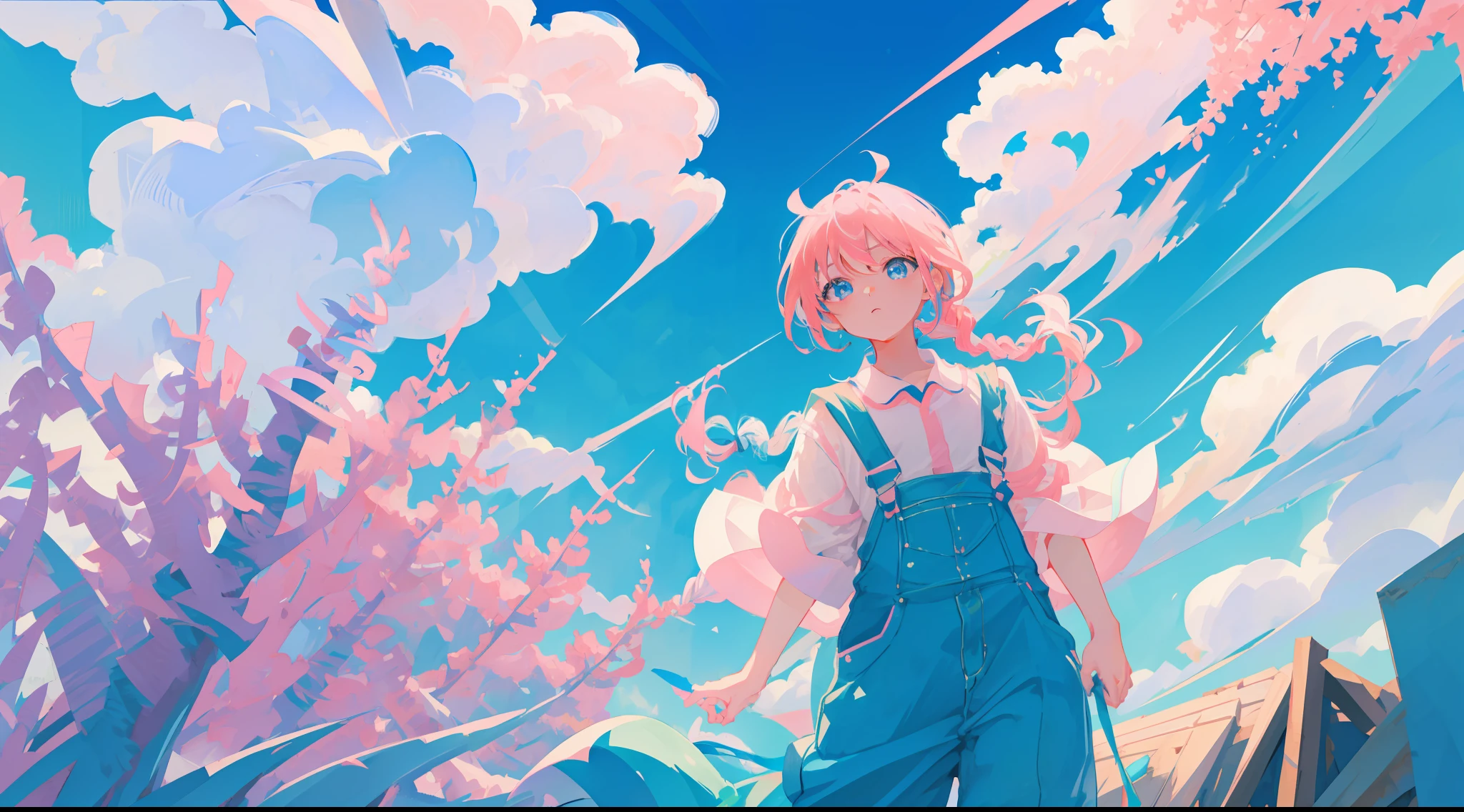 (top quality), Tsubasa Hakawa, Dynamic Angle, Japan anime illustration, Japan girl, white polo shirt, light blue overalls, glowing blue eyes, (green and pink two-tone braid), above the clouds, jump, blue sky,