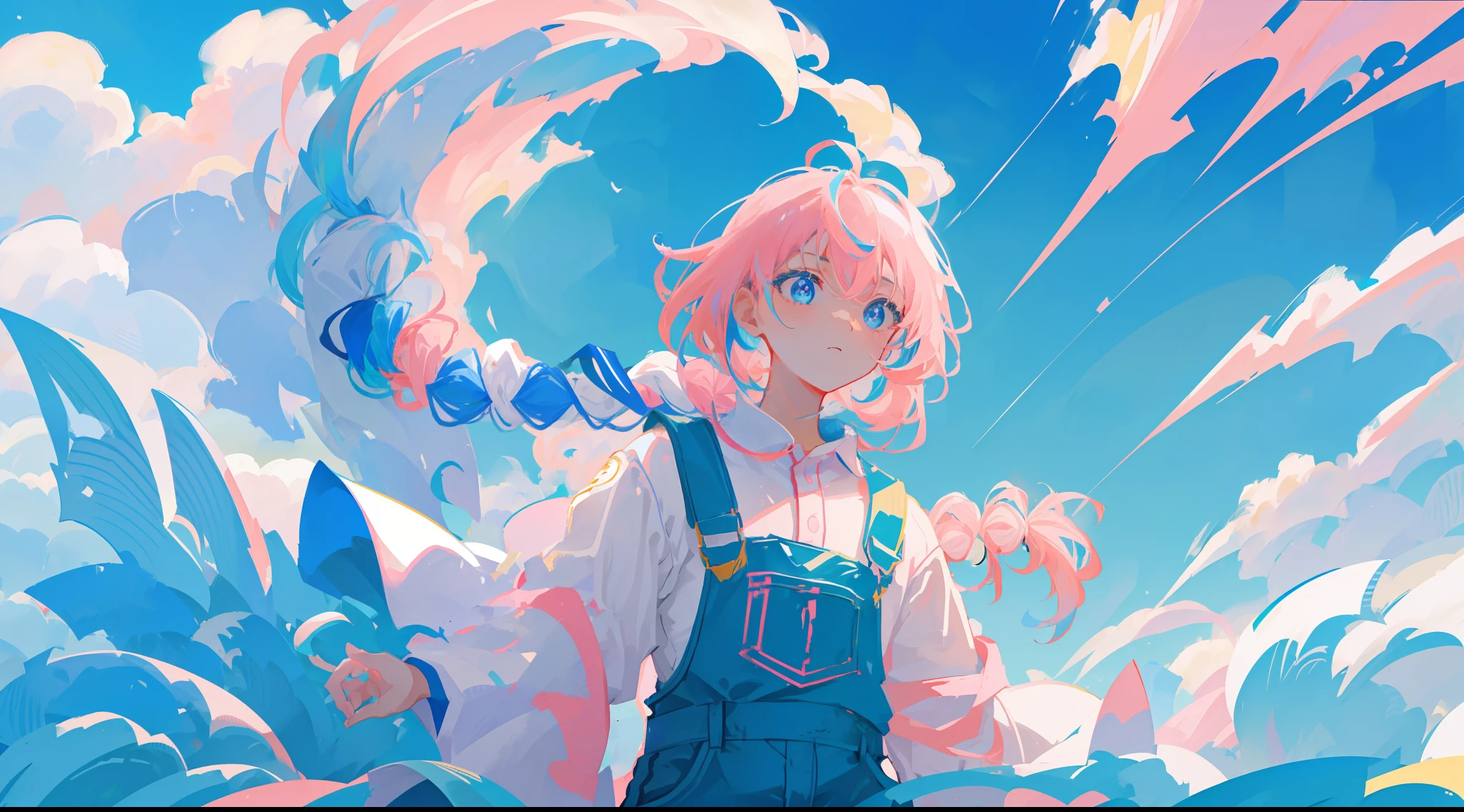 (top quality), Tsubasa Hakawa, Dynamic Angle, Japan anime illustration, Japan girl, white polo shirt, light blue overalls, glowing blue eyes, (green and pink two-tone braid), above the clouds, jump, blue sky,