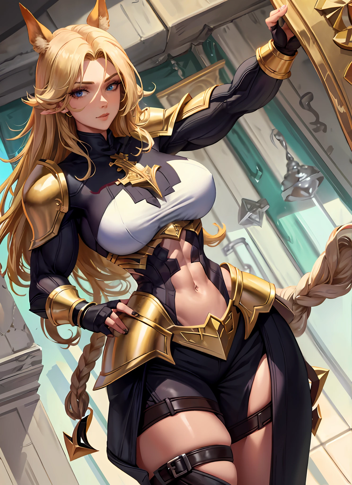 1girl, beautiful, perfect lighting, muscular, thighs, large breasts, mature female, milf, navel, abs, looking at viewer (masterpiece, high quality:1.1), blonde hair,horse ears,paladin,armor,