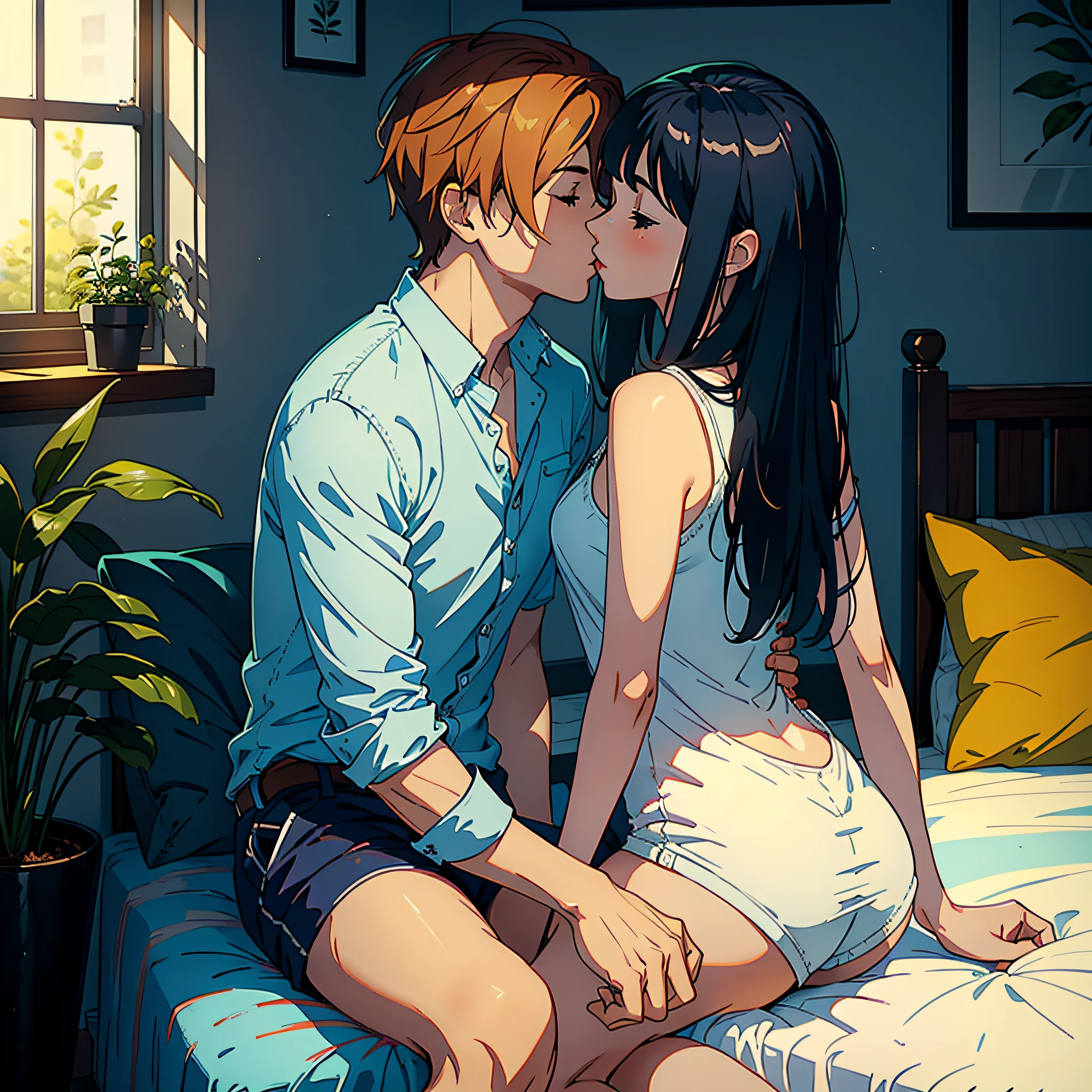 Best quality, finest drawings, a couple, sitting on the bed, kissing