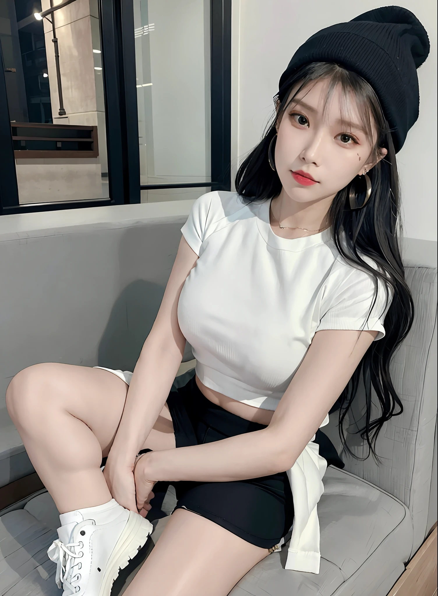 (Masterpiece: 1.2, Best Quality), (Real Pictures, Intricate Details), 1 Lady, Solo, Upper Body, Big Breasts,
Clothing: Oversized lace half sleeves, ripped jeans or leggings, sneakers or combat boots, Accessories: Beanie with no brimm, Statement earrings, Hair: Low ponytail, Makeup: Simple, bold lips, Behavior: laid-back, cool, independent, Location: city streets, parks, coffee shops