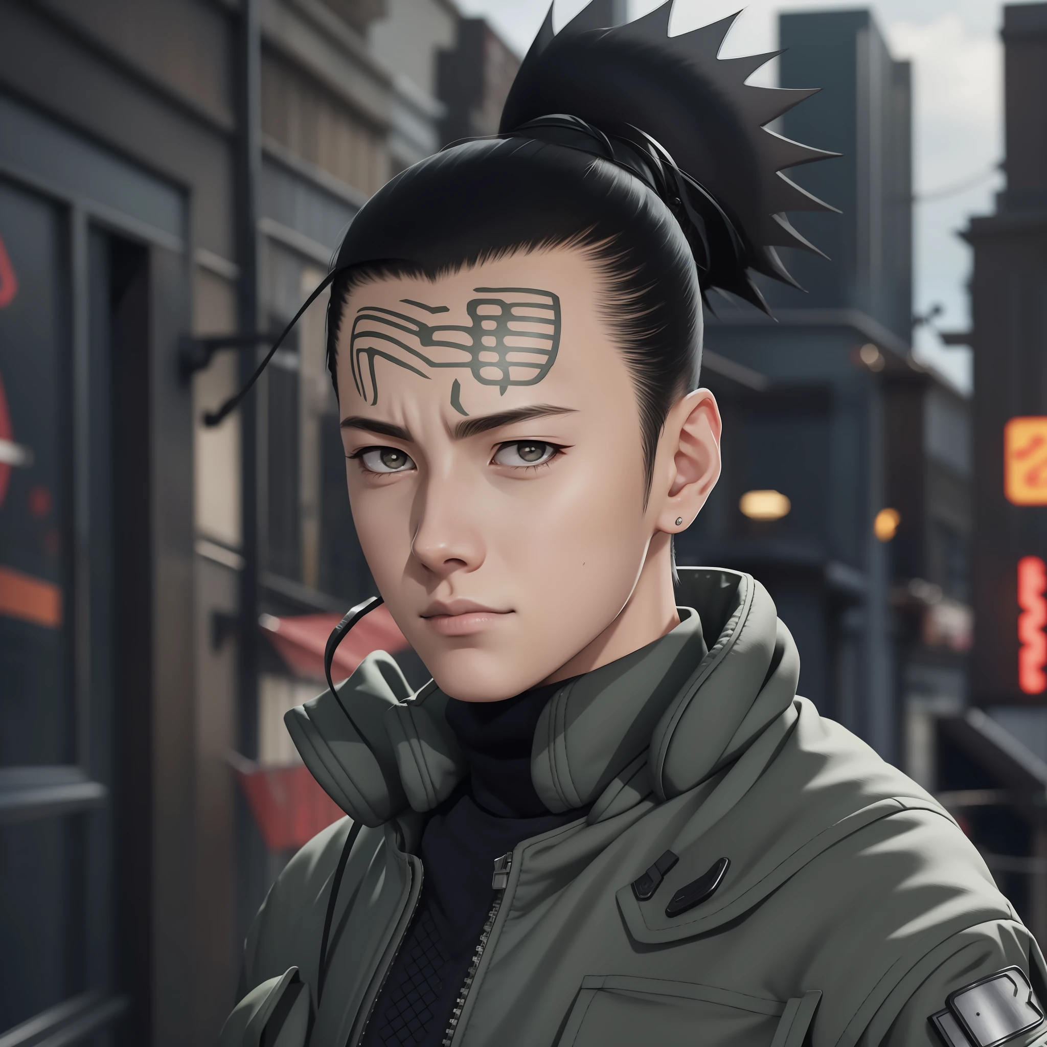 shikamaru, tumblr, jacket, no bandana, perfect framing, no cuts, hair, visual street, anime boy, kawaii, photo, 8k, very detailed, cyberpunk, perky hair