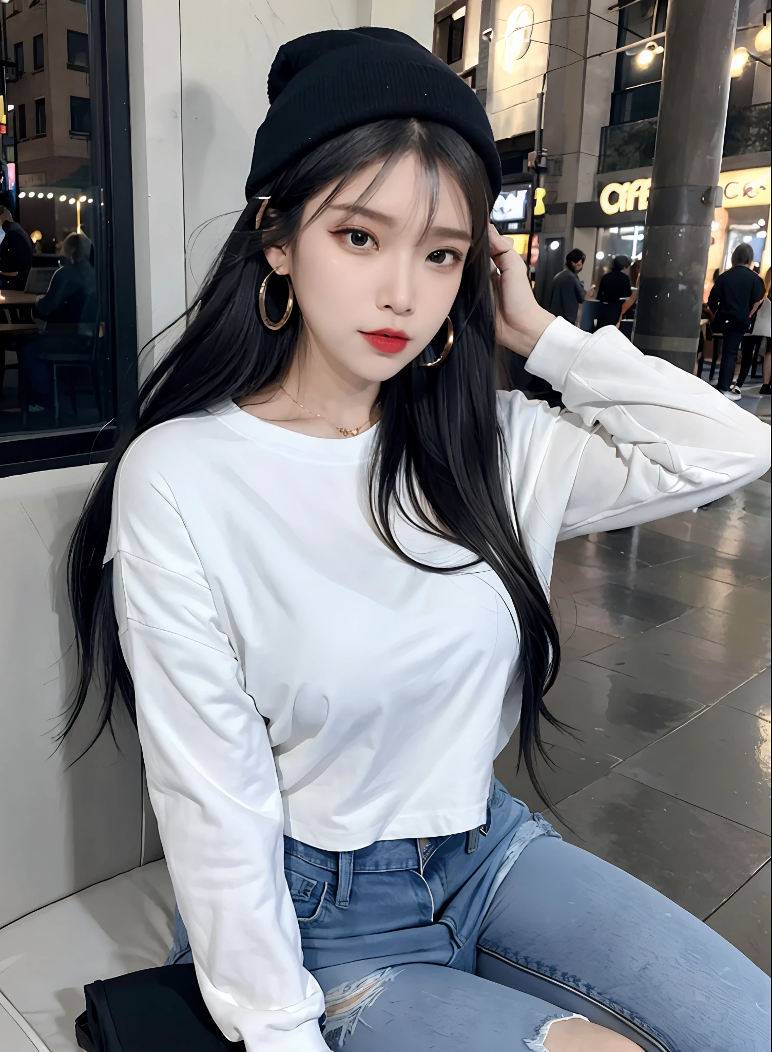 (masterpiece:1.2, best quality), (real picture, intricate details), 1lady, solo, upper body, big tits,
Clothing: oversized t-shirt, ripped jeans or leggings, sneakers or combat boots, Accessories: beanie, statement earrings, Hair: low ponytail, Makeup: minimal with bold lips, Behavior: laid-back, cool, independent, Location: city street, park, coffee shop