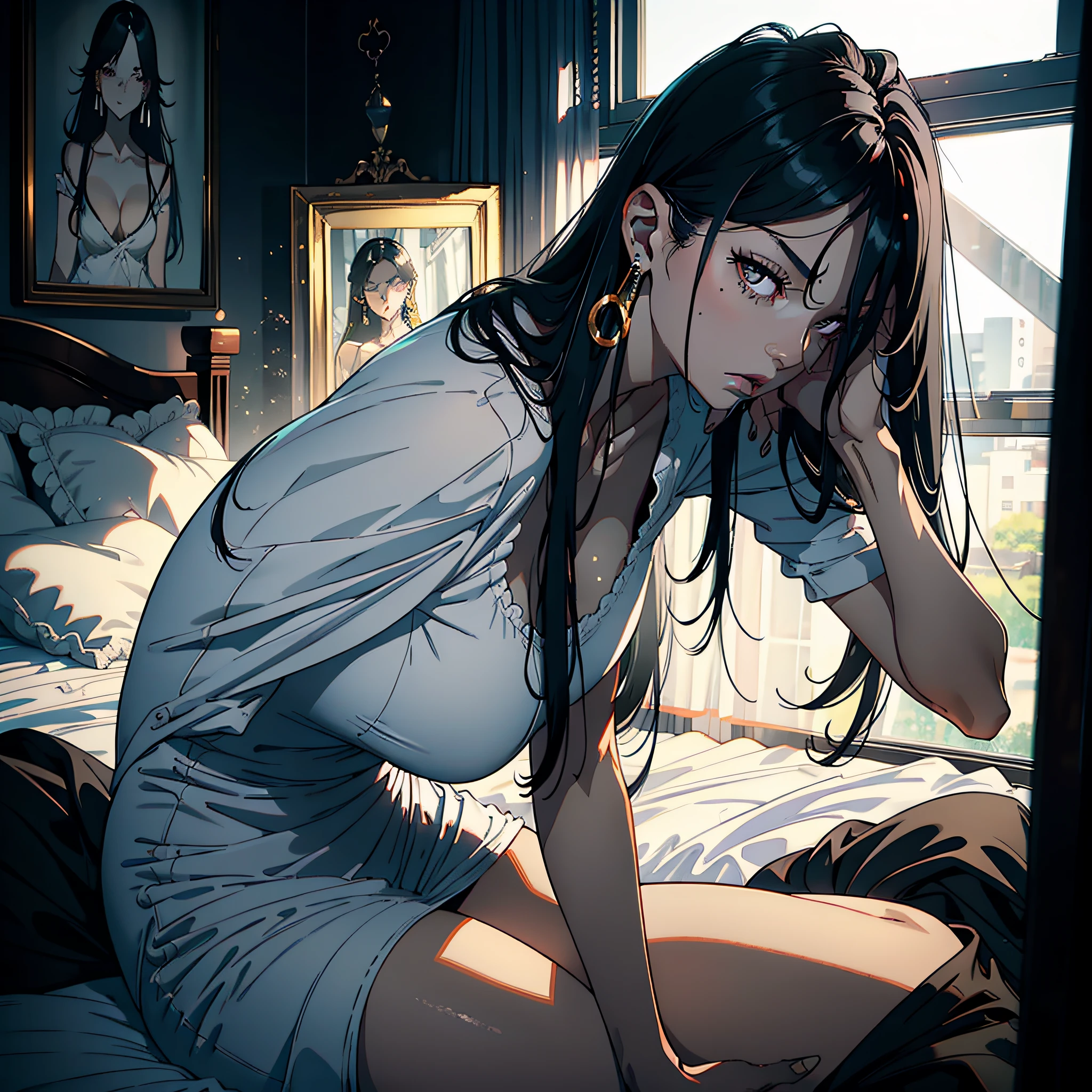 1 woman, long black hair, big black eyes, sexy, tiger teeth, white dress, bedroom, sitting on bed, taking medicine, moles under the eyes, earrings, panicked expression, delicate face, first-person perspective, masterpiece, high quality