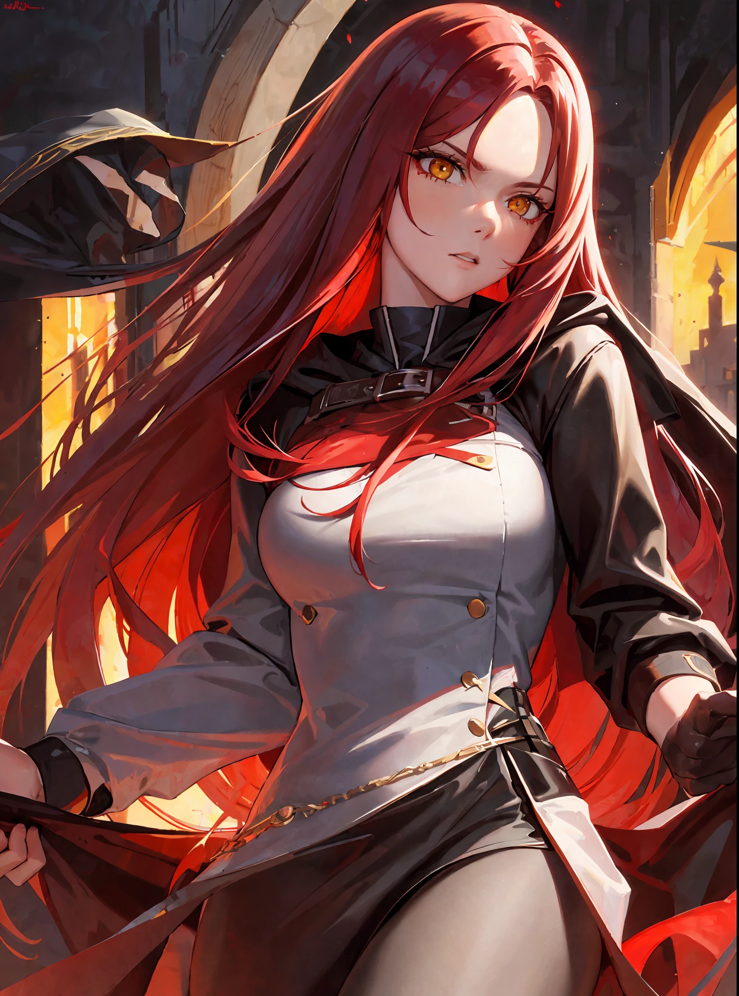 (masterpiece, best quality) an adult woman with very long red hair, short dress, red leather, black bows, long stockings, queen, lake, good anatomy, correct proportions, black boots, torn clothes, queen, yellow eyes, serious, blood, emotionless, red forest, straight bangs, very long red hair, evil, (yellow eyes), gothic, medium chest, head-to-waist portrait,  cinematics, color oil painting, solo, cinematic lighting, extremely detailed face, finely detailed face, beautiful face, beautiful eyes, perfect lighting, depth of field, realistic proportions, good anatomy, long coat, hood covering head