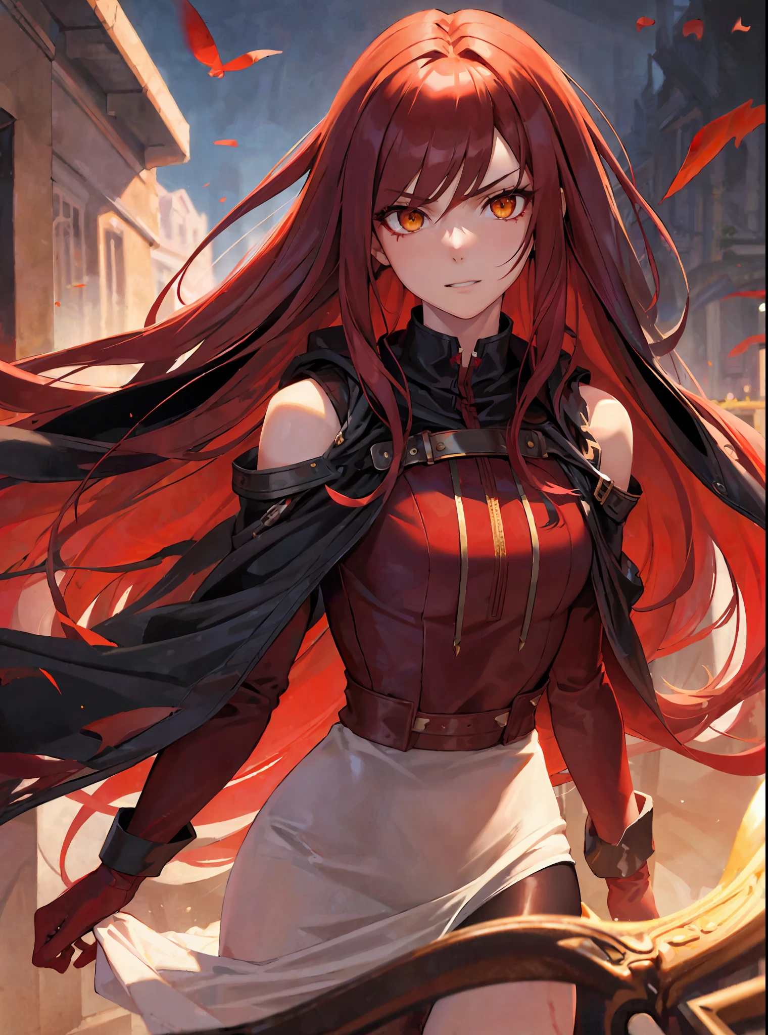 (masterpiece, best quality) an adult woman with very long red hair, short dress, red leather, black bows, long stockings, queen, lake, good anatomy, correct proportions, black boots, torn clothes, queen, yellow eyes, serious, blood, emotionless, red forest, straight bangs, very long red hair, evil, (yellow eyes), gothic, medium chest, head-to-waist portrait, cinematics, color oil painting, solo, cinematic lighting, extremely detailed face, finely detailed face, beautiful face, beautiful eyes, perfect lighting, depth of field, realistic proportions, good anatomy, long coat, hood covering head