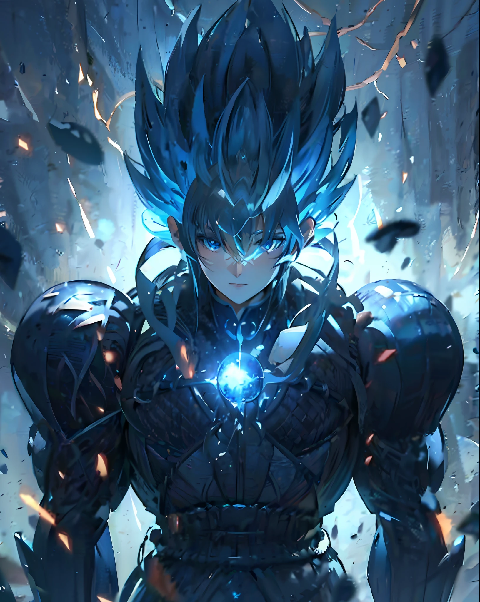 (Extreme detail CG Unity 8K wallpaper, masterpiece, highest quality), (exquisite light and shadow, highly dramatic picture, Cinematic lens effect), Super Saiyan blue body, blue eyes, badass 8K wallpaper,
