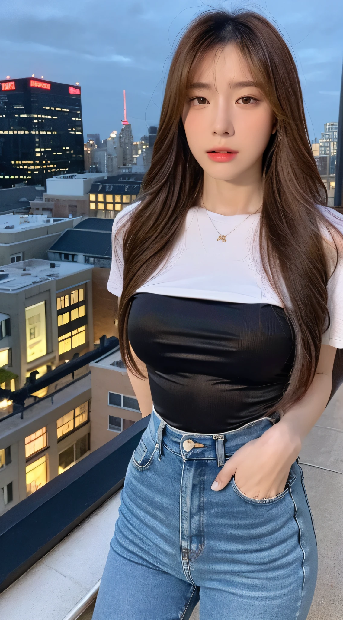 ((Top Quality, 8k, Masterpiece: 1.3)), Crisp Focus: 1.2, Perfect Style Beautiful Woman: 1.4, Slender Abs: 1.2, ((Dark Brown Hair, Large Breasts: 1.5)), Necklace, (White Tight T-shirt, Jeans, Standing: 1.2), (New York Night View, Rooftop: 1.3)), Highly Detailed Face and Skin Texture, Detailed Eyes, Double Eyelids