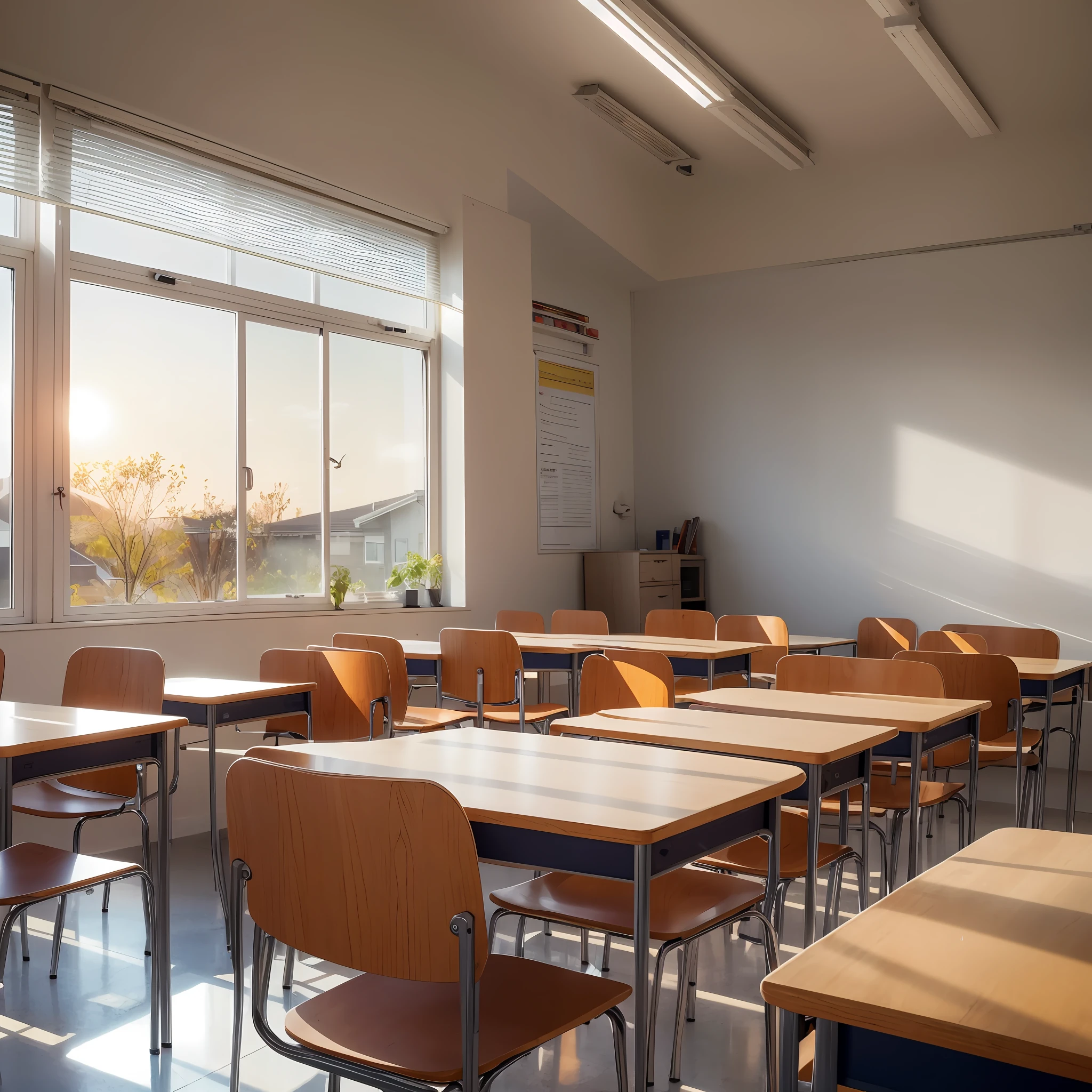 A classroom under the setting sun, the sun's afterglow shining through the windows and casting beautiful colors on the walls. The atmosphere of the classroom has become especially warm, as if bringing a sense of relaxation and comfort to everyone present.
The students sit quietly in their seats, listening to the teacher as the sound of their voice slowly fills the room. With the golden light of the sunset streaming through the windows, the students feel a calm and peaceful mood, surrounded by a beautiful and pleasant learning environment. Masterpiece, official art, 8k, best quality, highly detailed, warm and tranquil atmosphere, beautiful colors, setting sun:1.2, classroom:1.2, students:1.2, teacher:1.2, education:1.2.
