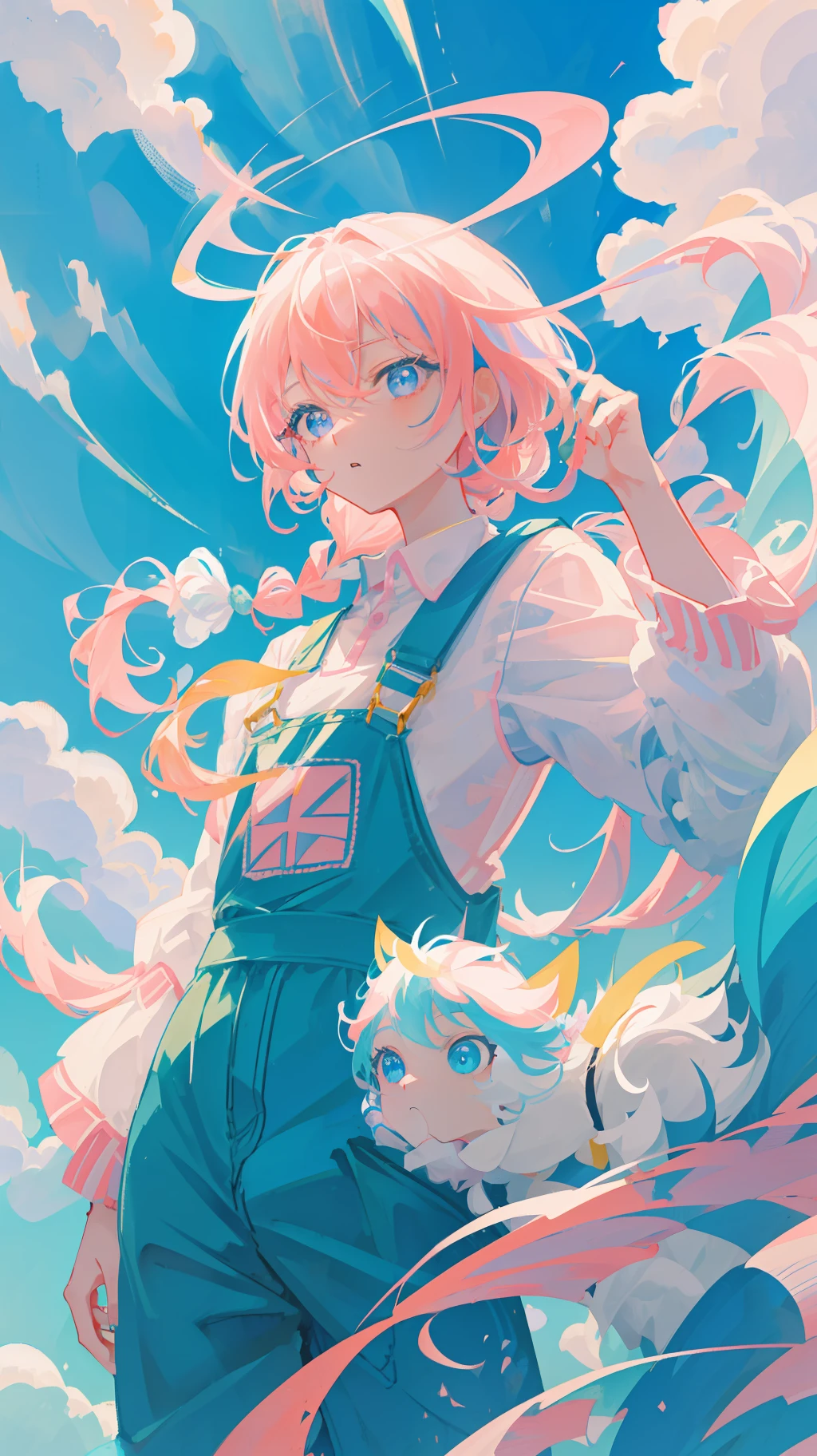 (top quality), Tsubasa Hakawa, Dynamic Angle, Japan anime illustration, Japan girl, white polo shirt, light blue overalls, glowing blue eyes, (green and pink two-tone braid), above the clouds, jump, blue sky,