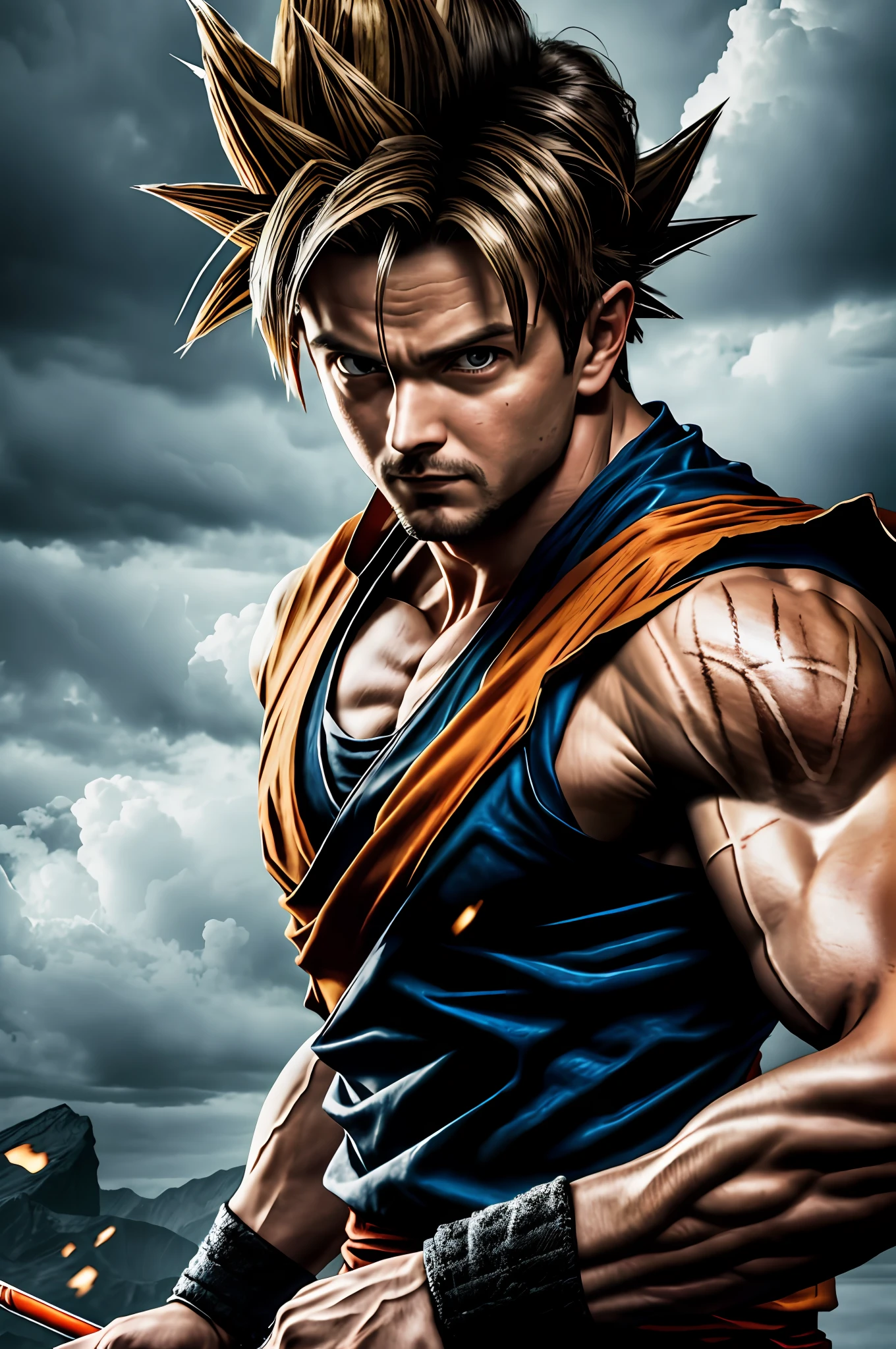 Goku's face, masterpiece, best quality, realistic, photorealistic, Hawkeye's half-body photo, cinematic wonder, detailed face, 8k, uhd, sharp focus