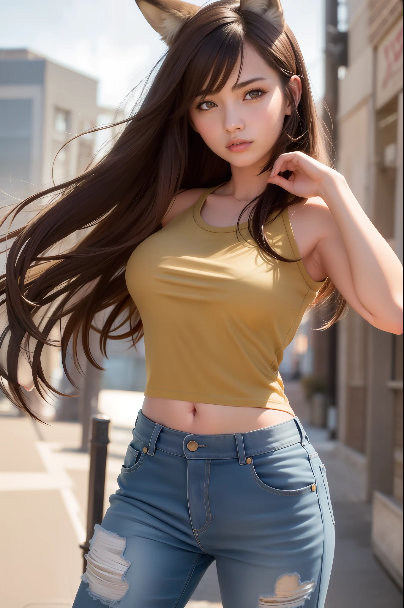 best quality, masterpiece,  (realistic:1.2), 1 girl, brown hair, gold eye,Front, detailed face, beautiful eyes,wolf eye,(wolf ear),tank top,jeans,with huge wolf