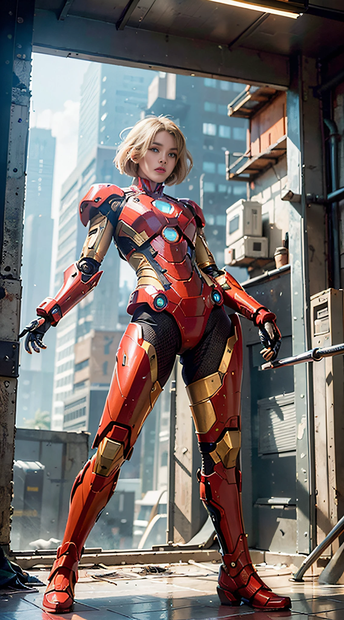 (1girl:1.3), solo, __body-parts__, official art, unified 16k wallpaper, super detailed, beautiful and aesthetic, beautiful, masterpiece, best quality, raw, masterpiece, super fine photo, best quality, super high resolution, photorealistic feeling, sunlight, full body portrait, amazing beauty, dynamic pose, delicate face, vibrant eyes, (viewed from the side), she is wearing futuristic Iron Man mech, red and gold color scheme, very detailed abandoned warehouse background , detailed face, detailed complex busy background, messy, gorgeous, milky white, highly detailed skin, realistic skin details, visible pores, sharp focus, volumetric fog, 8k uhd, DSLR, high quality, film grain, fair skin, photo realism, lomography, huge metropolis in futuristic dystopia, seen from below, translucent, war scene, full body photo