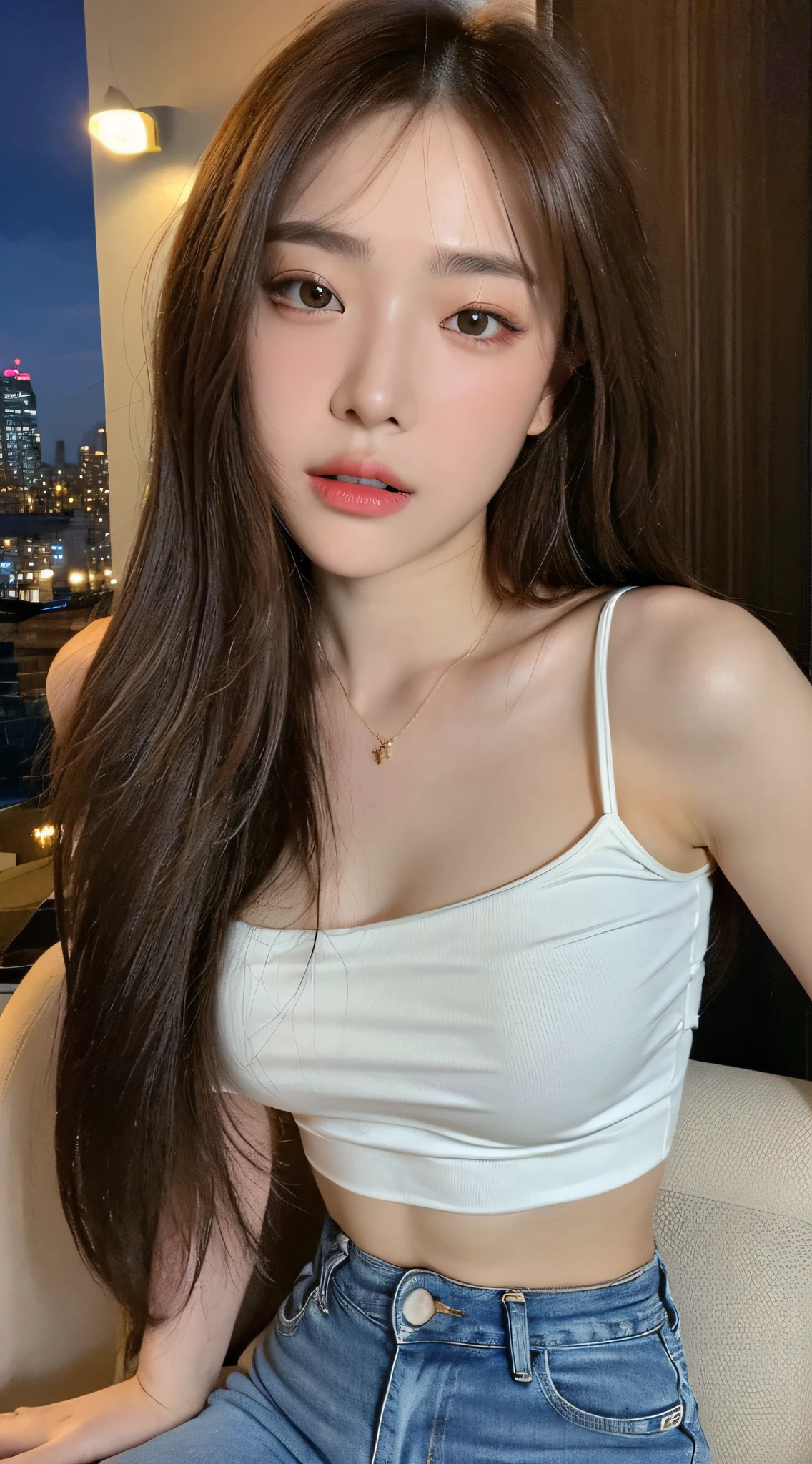 ((Top Quality, 8k, Masterpiece: 1.3)), Crisp Focus: 1.2, Beautiful Women in Perfect Style: 1.4, Slender Abs: 1.2, (((Dark Brown Hair, Large Breasts: 1.5)), Necklace, (White Tank Top, Jeans, Standing: 1.2), (New York Night View, Rooftop: 1.3)), Highly Detailed Face and Skin Texture, Detailed Eyes, Double Eyelids