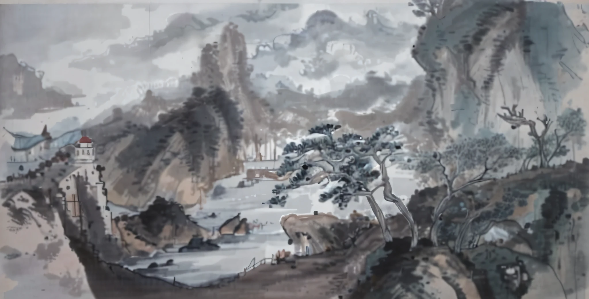 Seascape with sea, reef and lighthouse, traditional Chinese ink painting