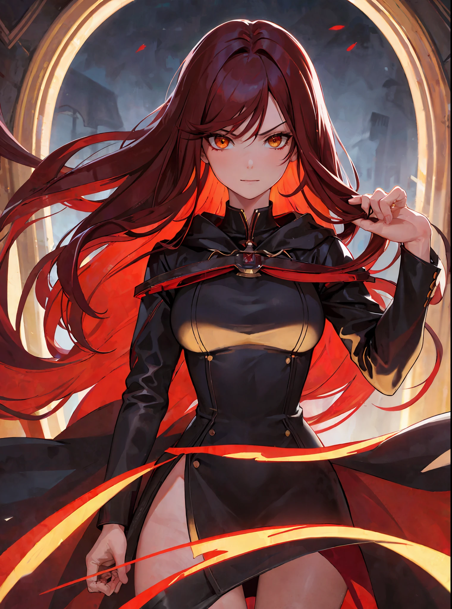 (masterpiece, best quality) an adult woman with very long red hair, short dress, red leather, black bows, long stockings, queen, lake, good anatomy, correct proportions, black boots, torn clothes, queen, yellow eyes, serious, blood, emotionless, red forest, straight bangs, very long red hair, evil, (yellow eyes), gothic, medium chest, head-to-waist portrait, cinematics, color oil painting, solo, cinematic lighting, extremely detailed face, finely detailed face, beautiful face, beautiful eyes, perfect lighting, depth of field, realistic proportions, good anatomy, long coat, hood covering head