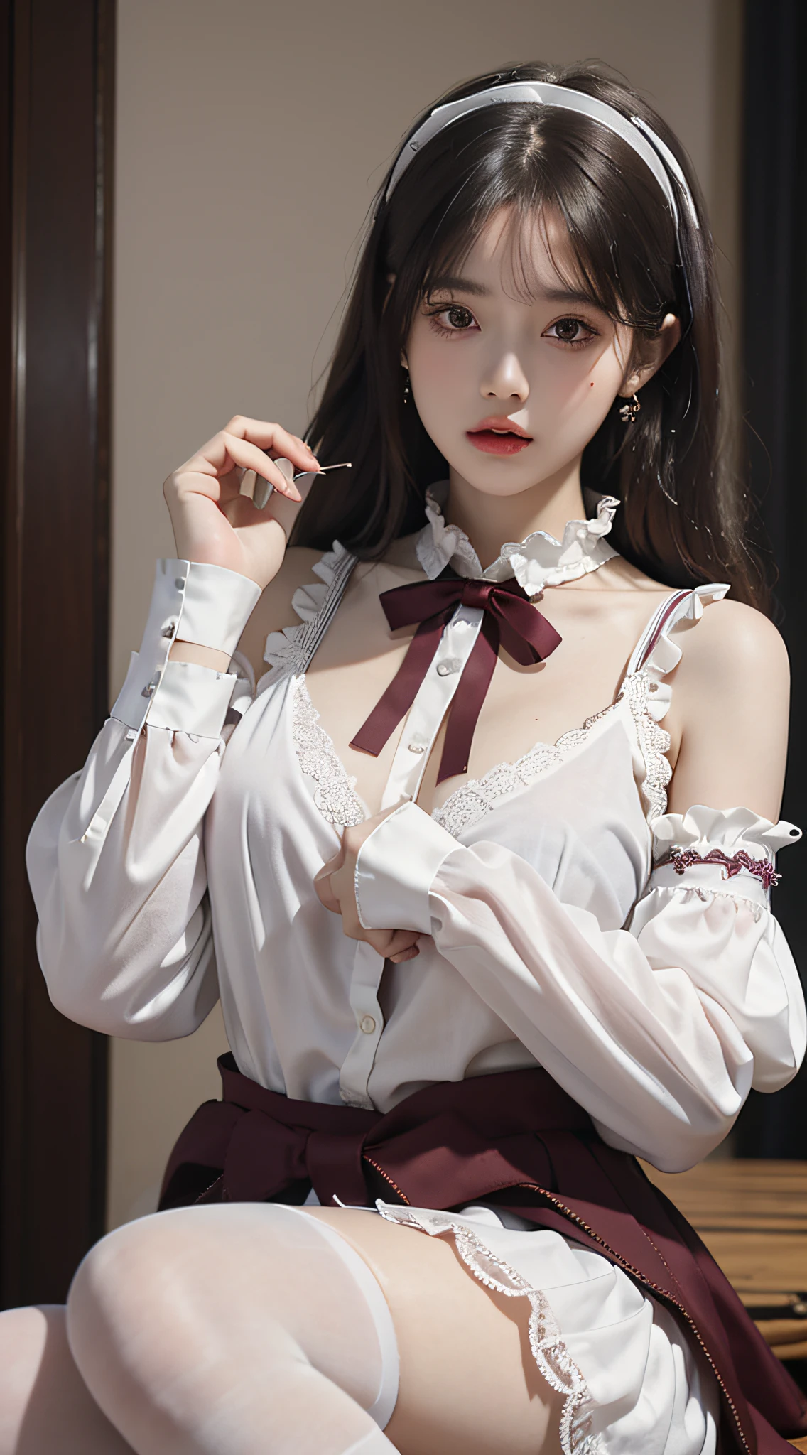 (Master Works), (Best Quality), Higher Quality, Ultra High Resolution, (8K Resolution), High Detail, (Bust), First-Person View, Delicate Facial Features, Perfect Face, Female, Single, Watery Big Eyes, Long Eyelashes, Shut Up, Tiger Teeth, Arrogance, One Side of the Mouth Up, Long Hair, Bangs, Metal Collar, Brooch, Wristband, Earrings, Ribbon Trim, (((White Shirt)), ((Burgundy ta))), (Over the Knee Socks), Vampire, Witch, Loliair Accessories, (Lace Trim), ((huge breasts)), wrapped, perfect figure, bumpy, heavy makeup, skirt support, sheer outfit, dress, Lolita s, gothic style, lace, frills, bare shoulders