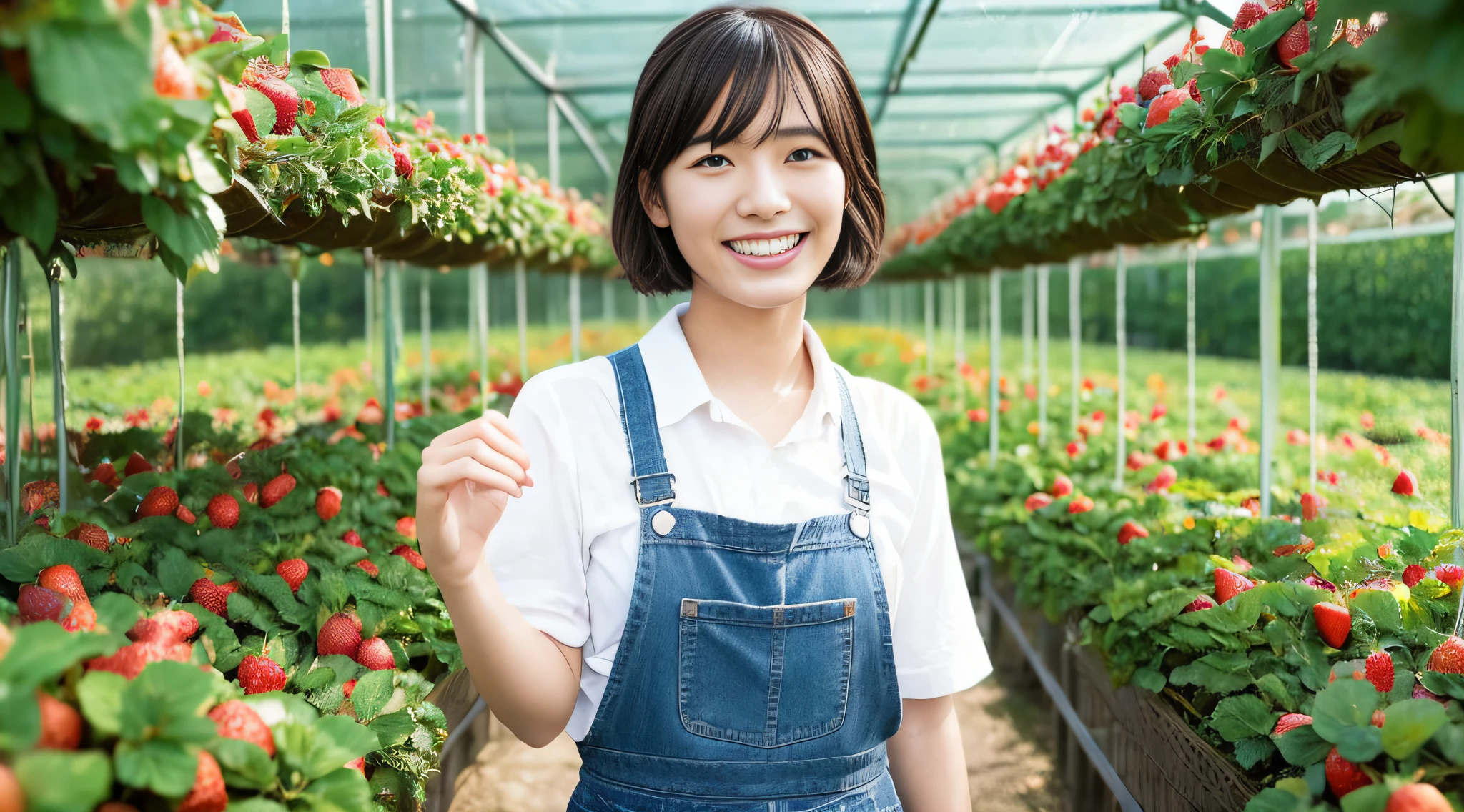 Strawberry field spokesperson. Beautiful Japan woman around 25 years old. He is smiling and talking to the camera. Inside a strawberry greenhouse --auto --s2