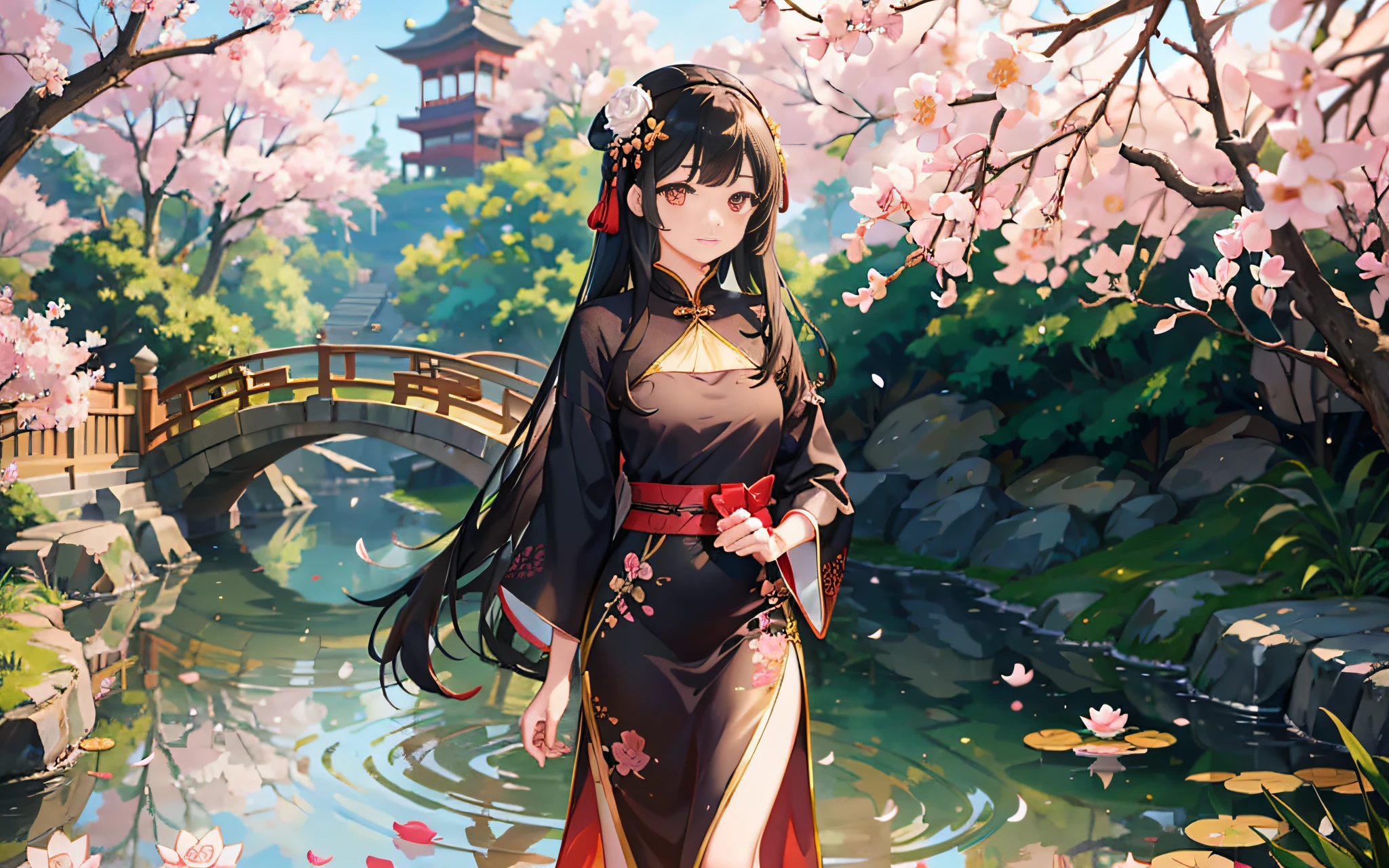 1 adorable Chinese-style girl, gentle and cute, rosy cheeks, almond-shaped eyes, delicate eyebrows, soft smile, flowing black hair, adorned with cherry blossom hairpin, wearing a qipao dress, floral pattern, silk fabric, fluttering sleeves, waistline adorned with a jade pendant, white silk ribbon tied in a bow, small decorative fan in hand, dainty lotus shoes, walking on a stone bridge over a tranquil pond, blooming peonies, traditional Chinese architecture in the background, hanging lanterns, peaceful atmosphere.