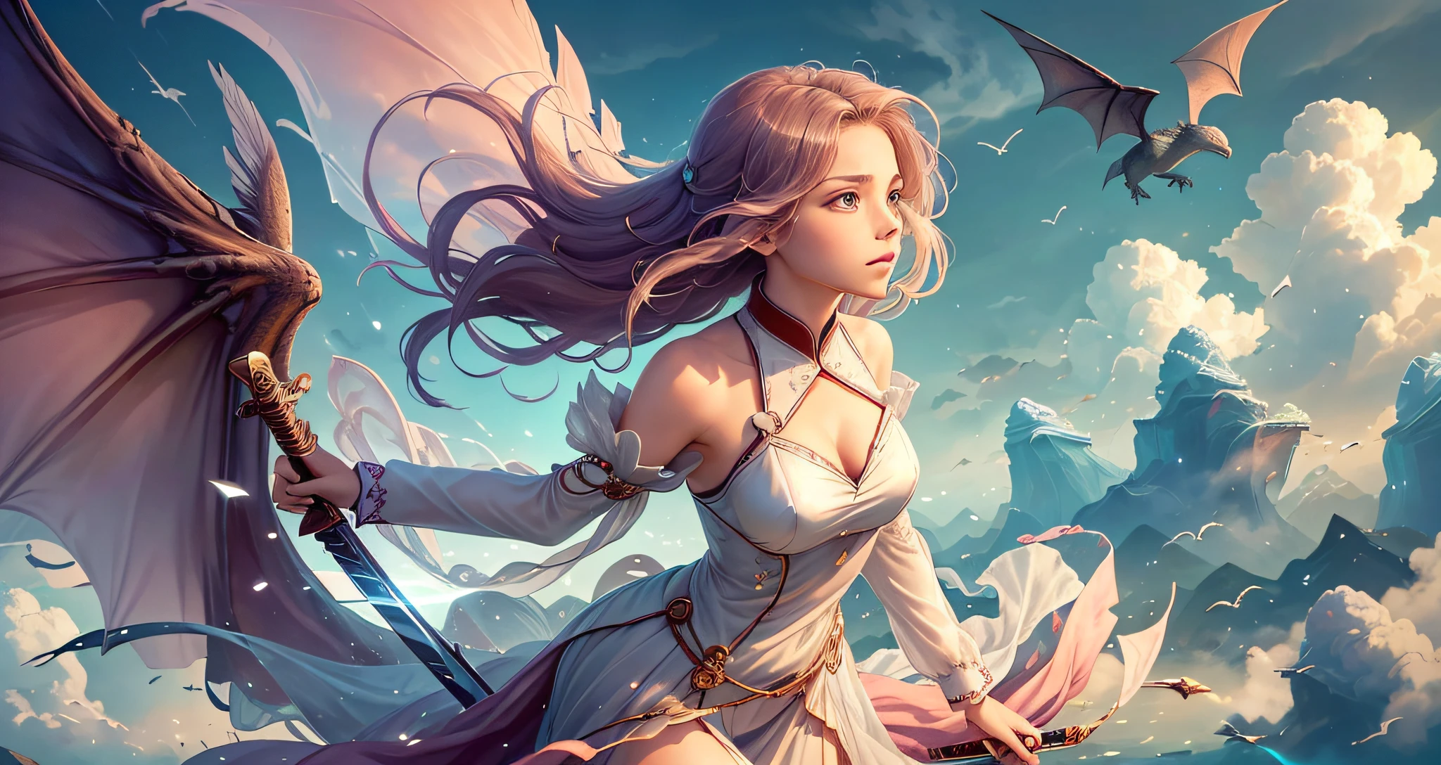 As she glided through the air, the ancient girl felt the wind rush past her delicate features. Her sword was held firmly in her hand, ready for any challenge that may come her way. Her brown eyes sparkled with determination and focus as she soared higher and higher into the sky. She wore a stunning red traditional Chinese dress that flowed beautifully in the wind, adding to her ethereal appearance. The colors of the clouds around her were vibrant and ever-changing, creating a beautiful backdrop to her flight. Behind the clouds, a dragon could be seen, its powerful wings flapping as it followed her closely. The girl knew that the dragon was her protector, watching over her as she journeyed through the skies. Despite the danger that may lurk ahead, the girl felt a sense of freedom and peace as she flew on. She knew that with her sword and her dragon by her side, she was ready to face anything that may come her way. --auto --s2